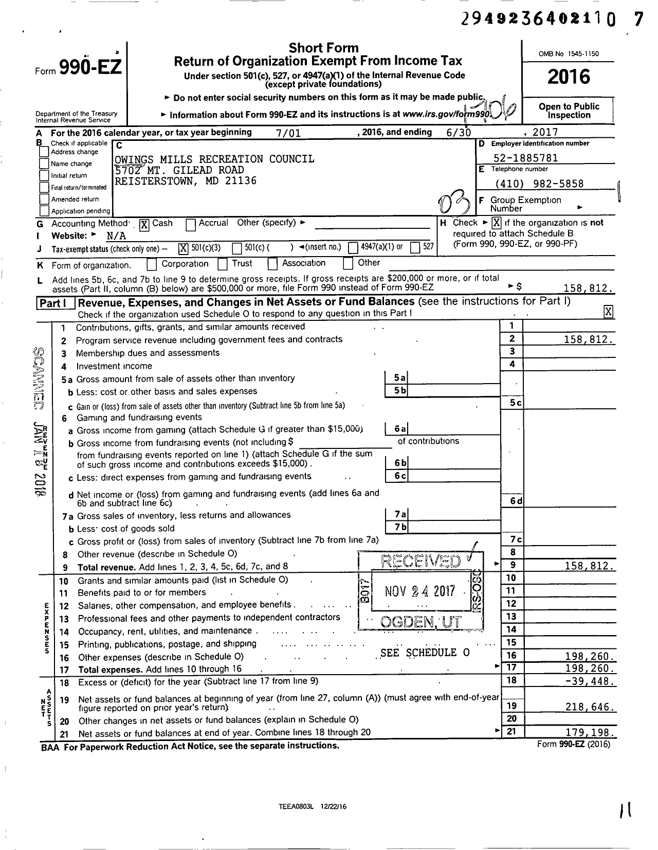 Image of first page of 2016 Form 990EZ for Owings Mills Recreation and Parks Council