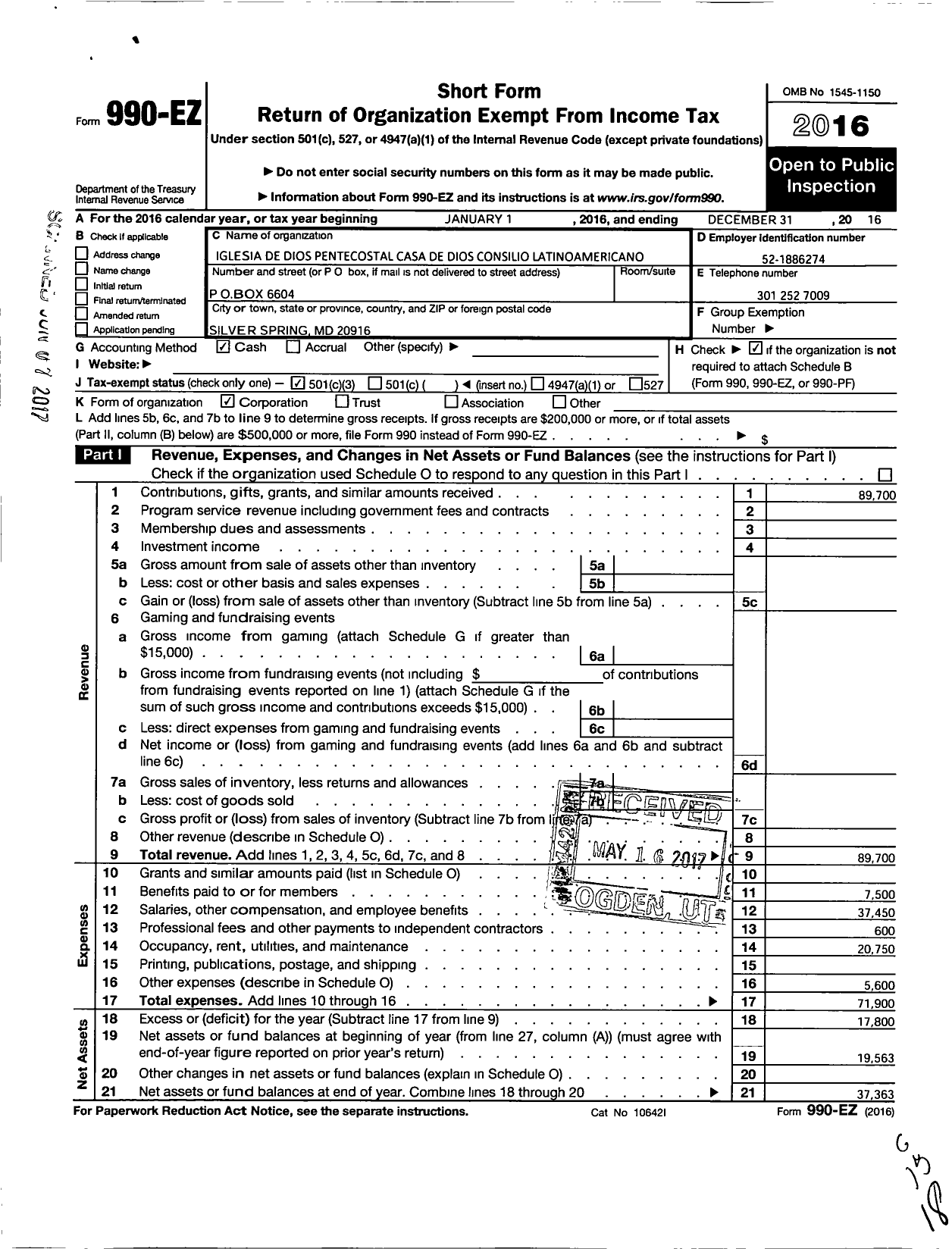 Image of first page of 2016 Form 990EZ for Iglesia de Dios Pentecostal Casa