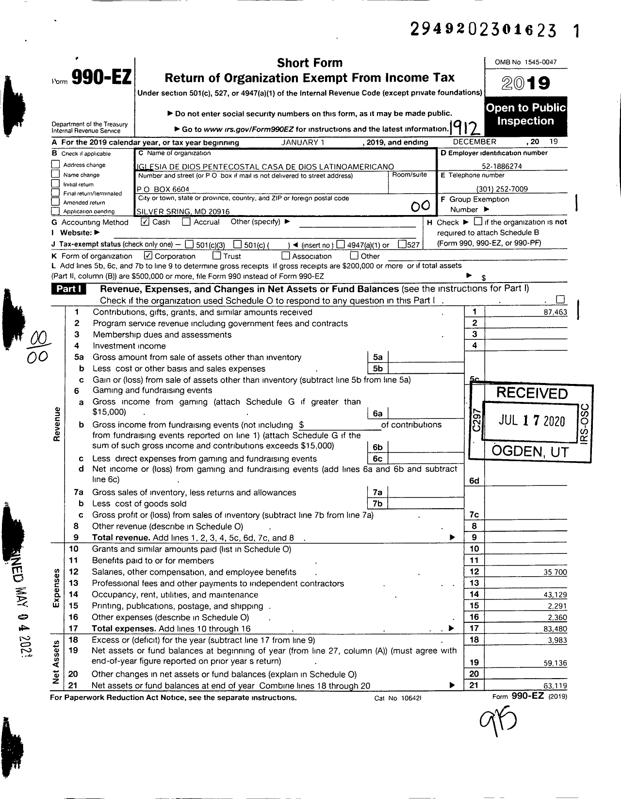 Image of first page of 2019 Form 990EO for Iglesia de Dios Pentecostal Casa