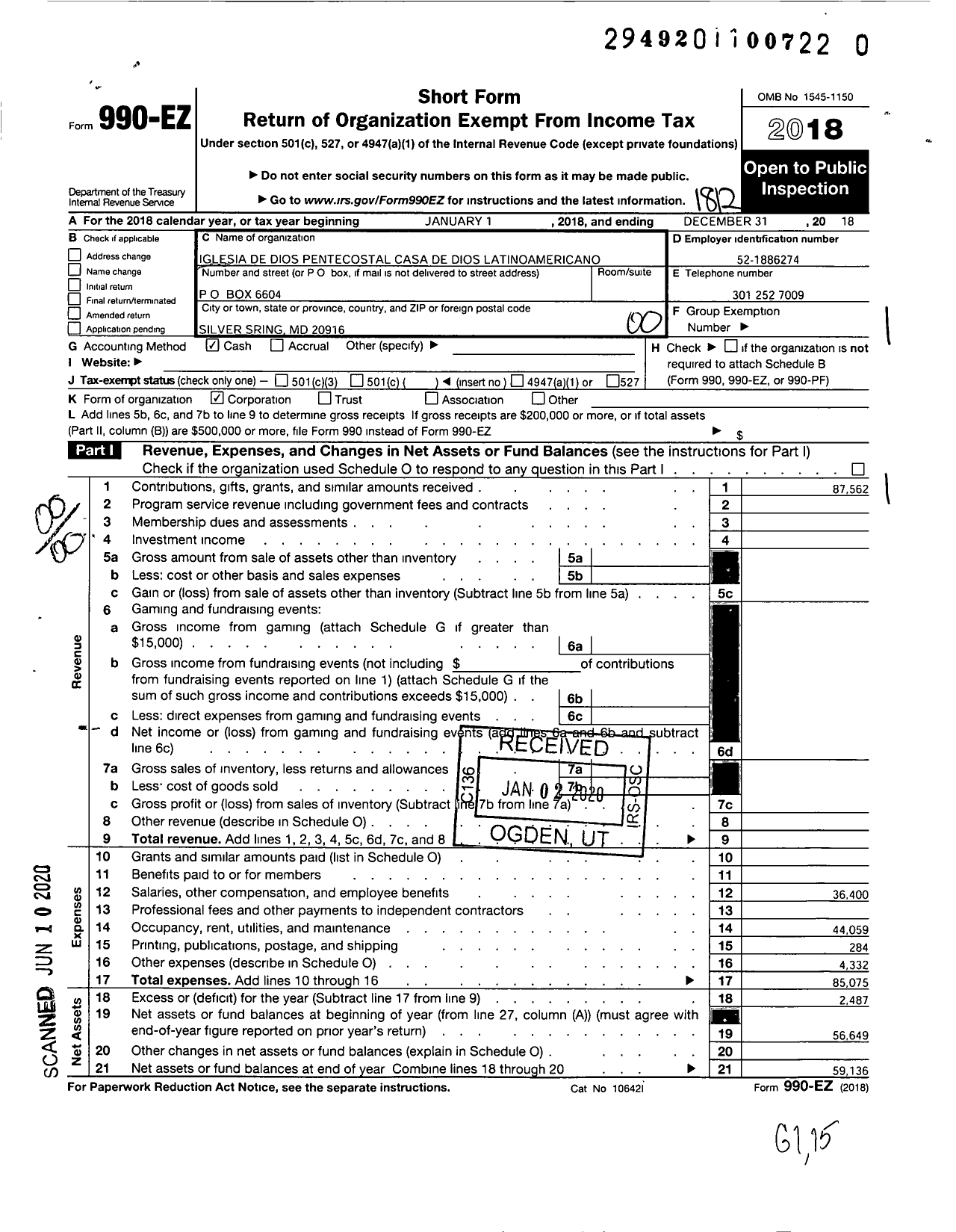 Image of first page of 2018 Form 990EO for Iglesia de Dios Pentecostal Casa