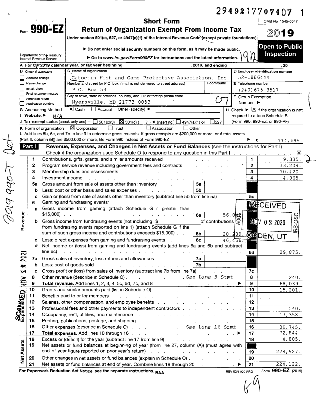 Image of first page of 2019 Form 990EO for Catoctin Fish and Game Protective Association