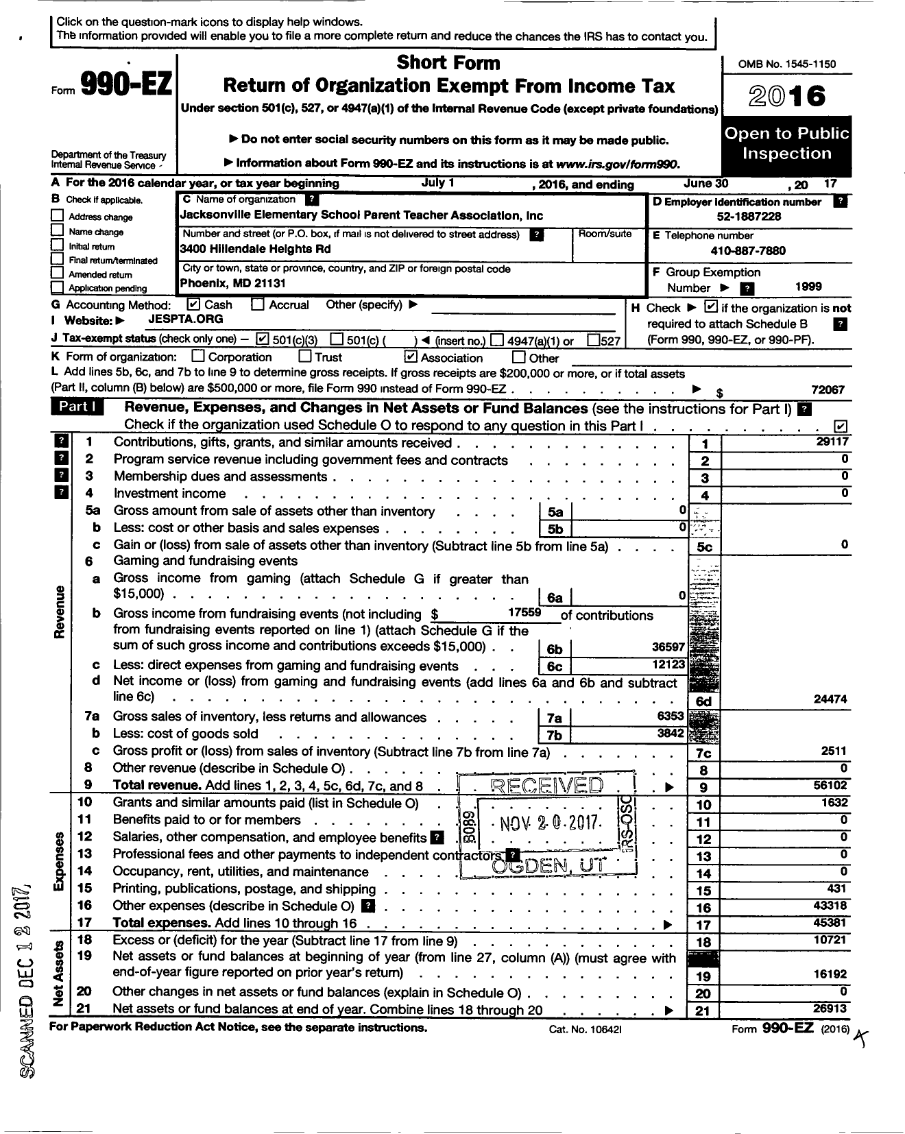 Image of first page of 2016 Form 990EZ for PTA Delaware Congress / Jacksonville Elementary School PTA