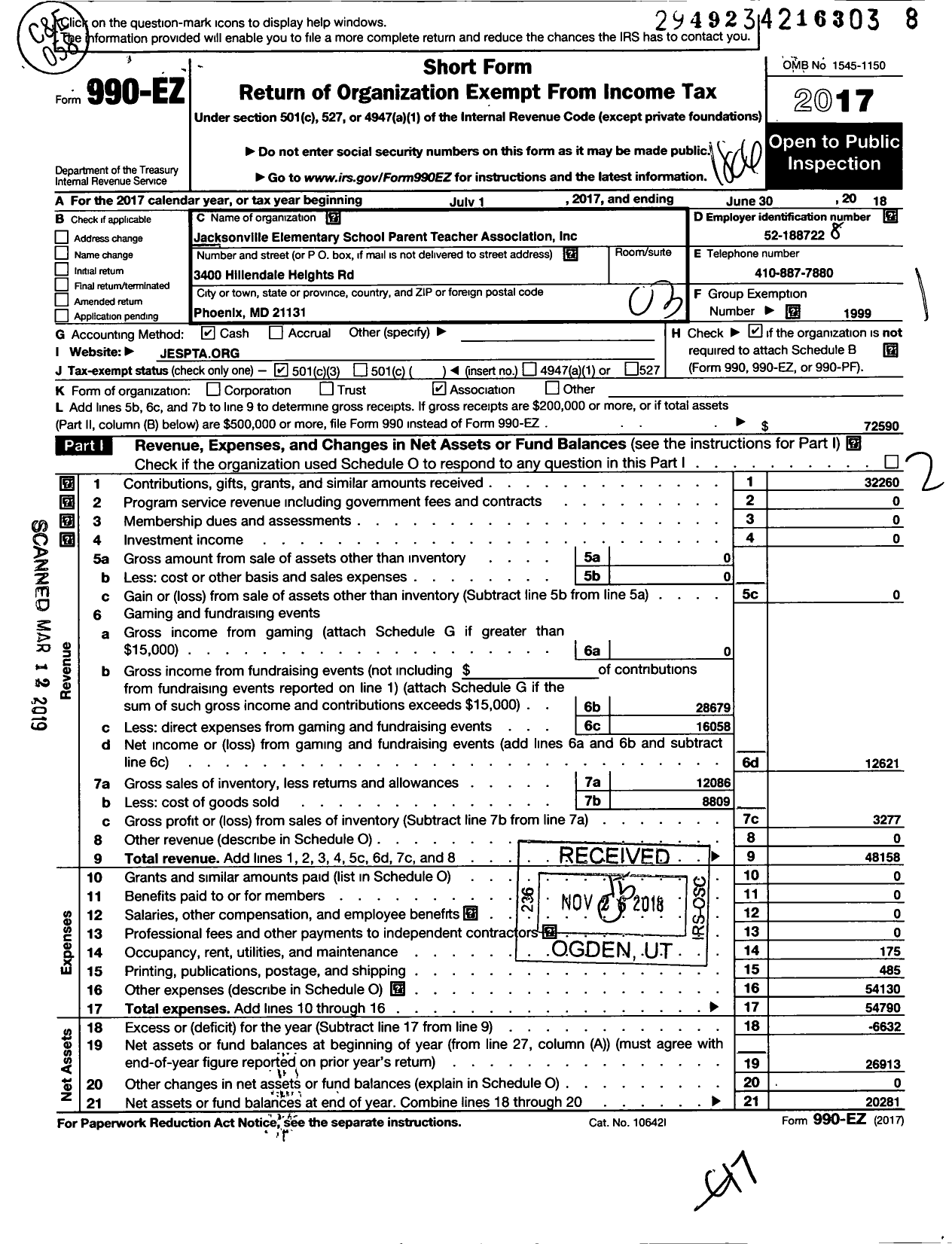 Image of first page of 2017 Form 990EZ for PTA Delaware Congress / Jacksonville Elementary School PTA