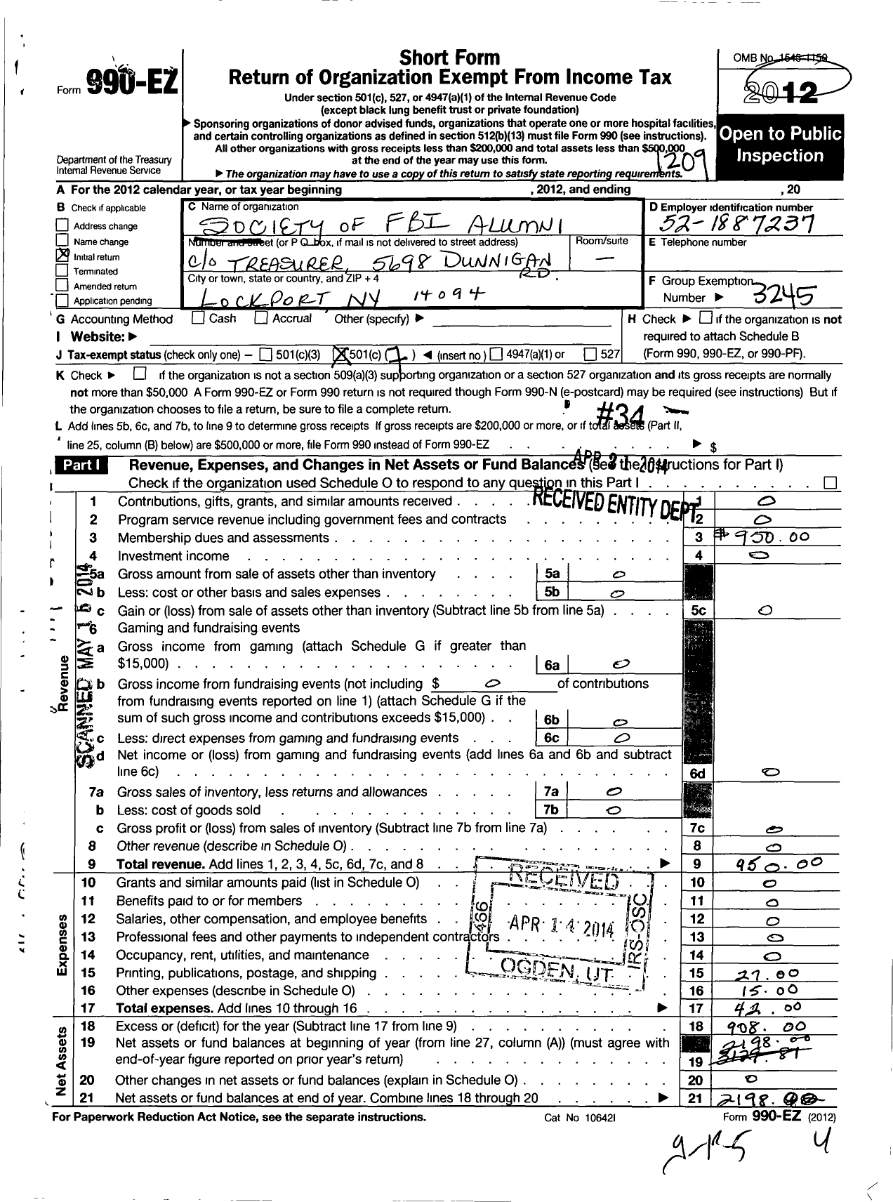 Image of first page of 2011 Form 990EO for Society of Fbi Alumni / Buffalo