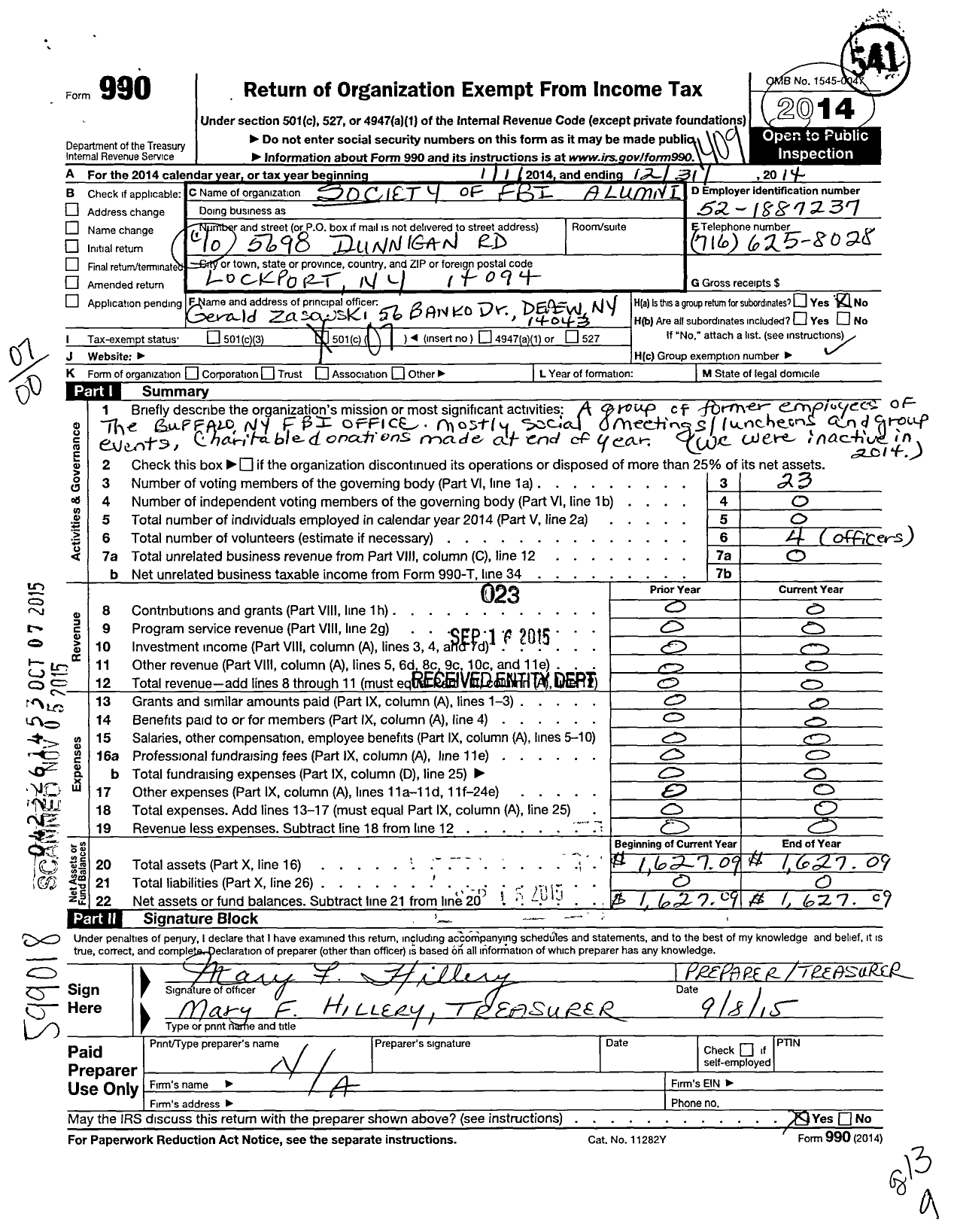 Image of first page of 2013 Form 990O for Society of Fbi Alumni / Buffalo