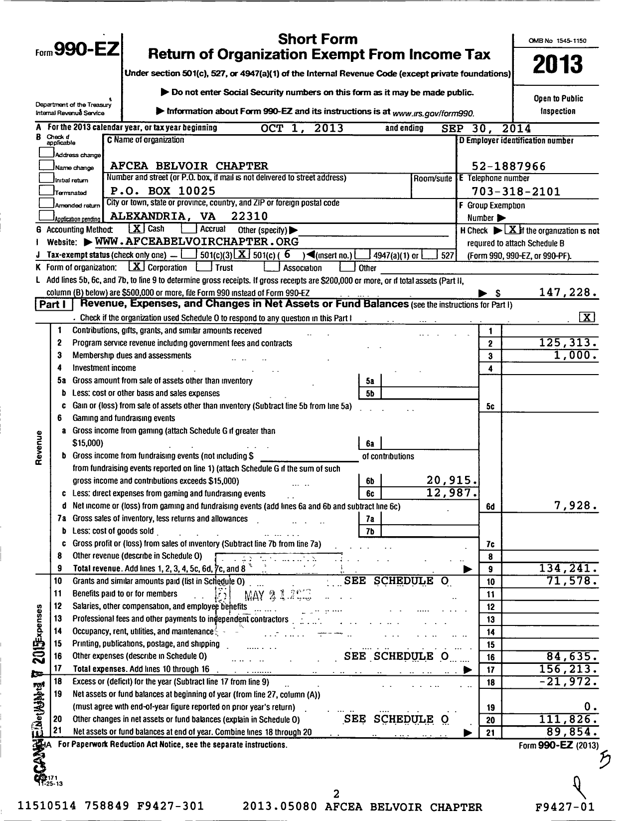 Image of first page of 2013 Form 990EO for AFCEA Bevloir