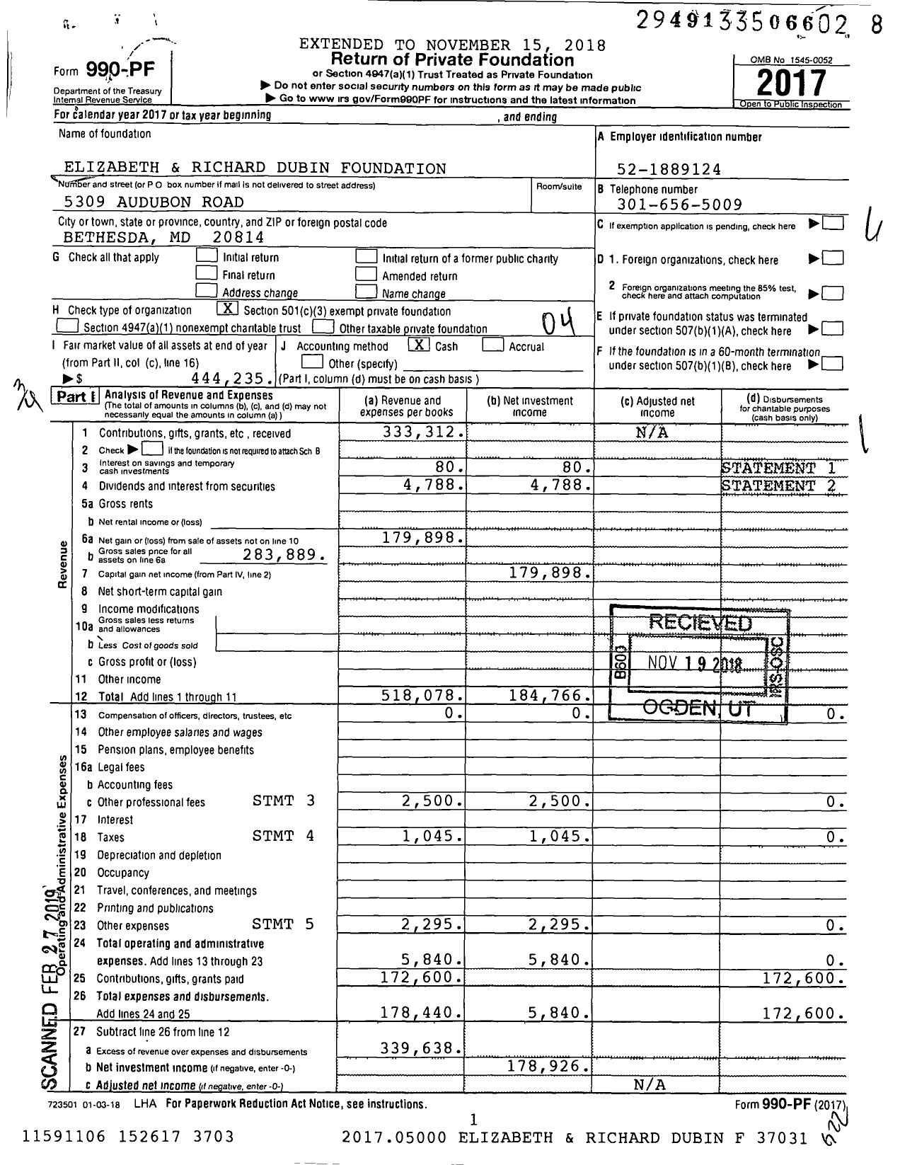 Image of first page of 2017 Form 990PF for Elizabeth and Richard Dubin Foundation