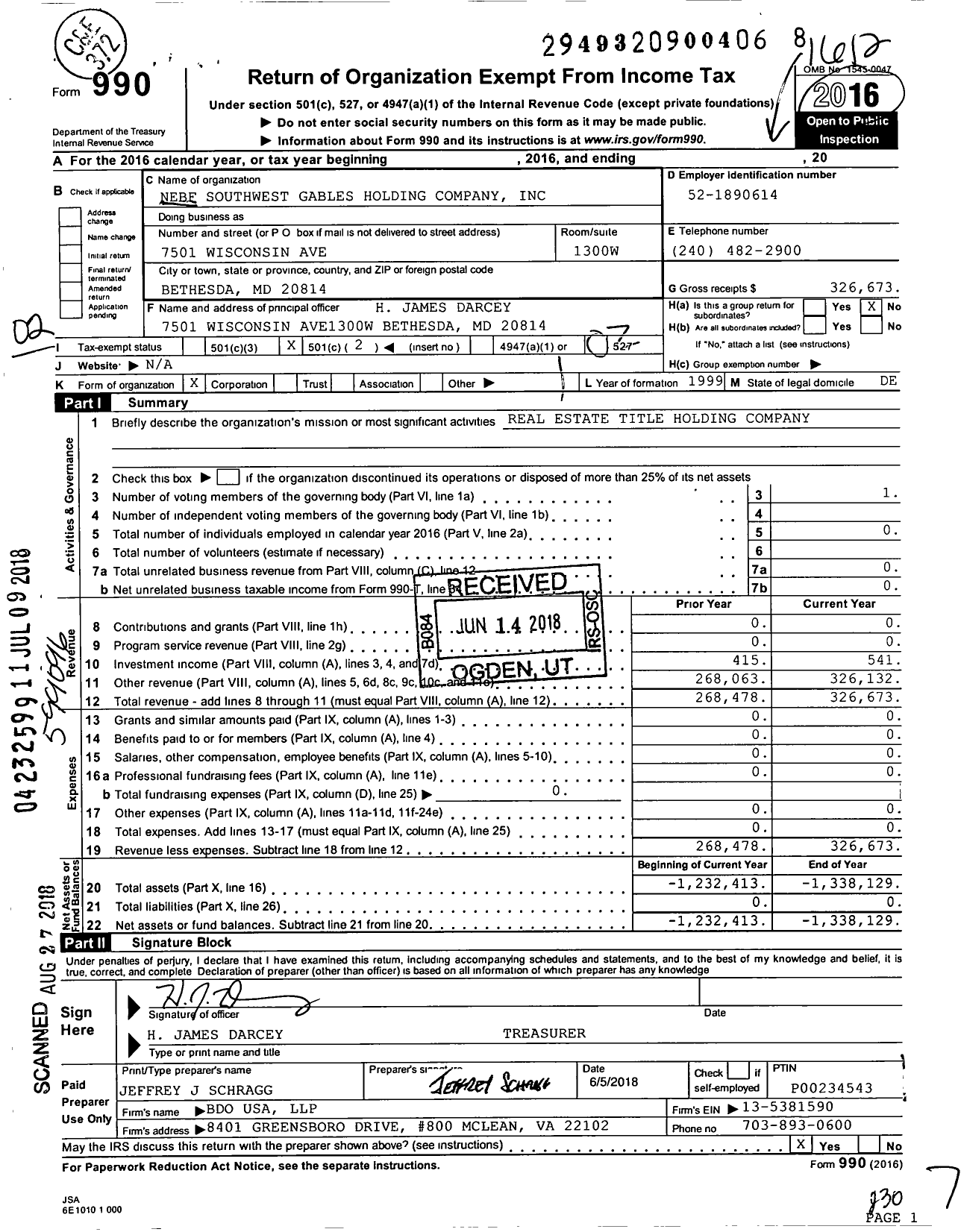 Image of first page of 2016 Form 990O for NEBF Southwest Gables Holding Company
