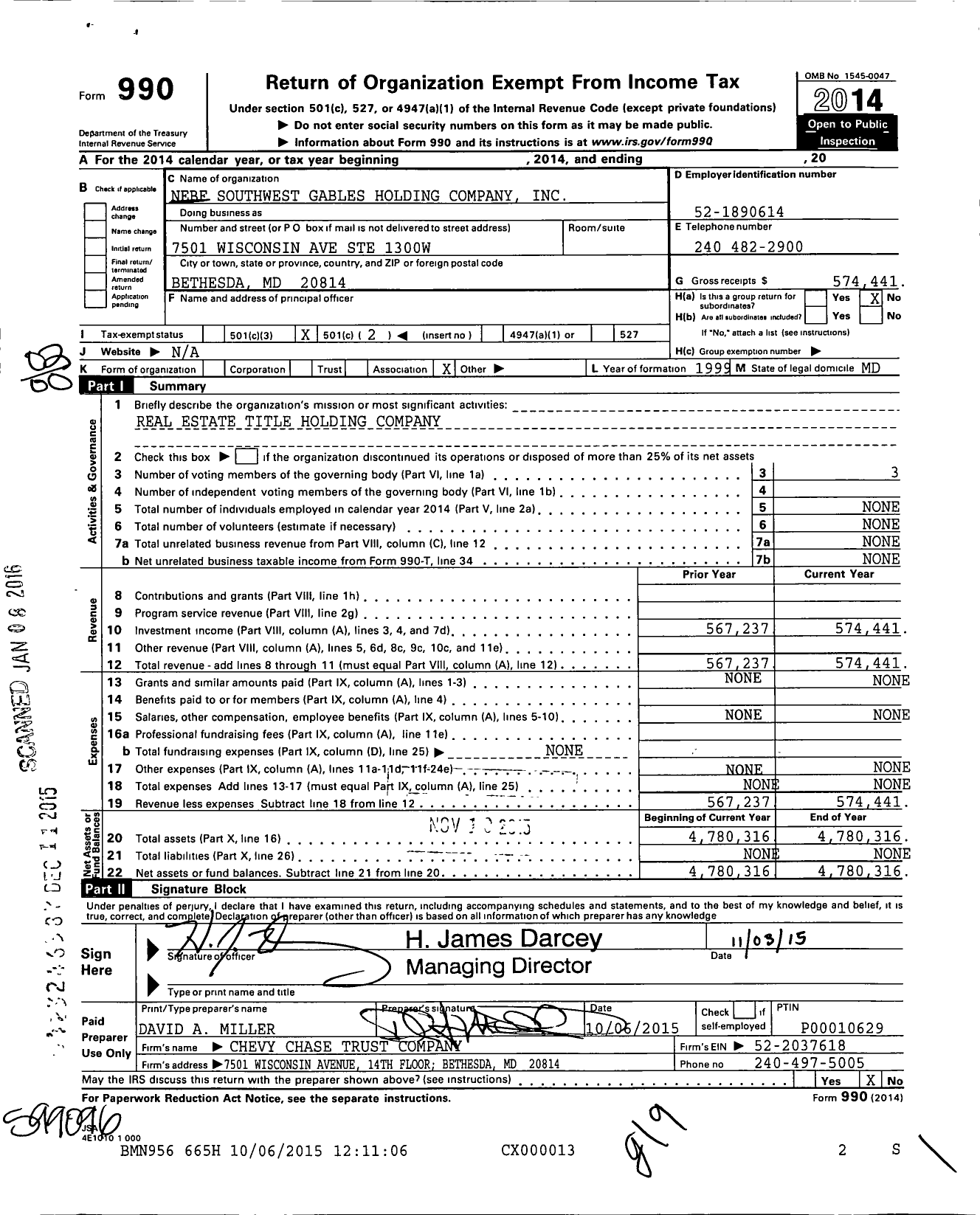 Image of first page of 2014 Form 990O for NEBF Southwest Gables Holding Company