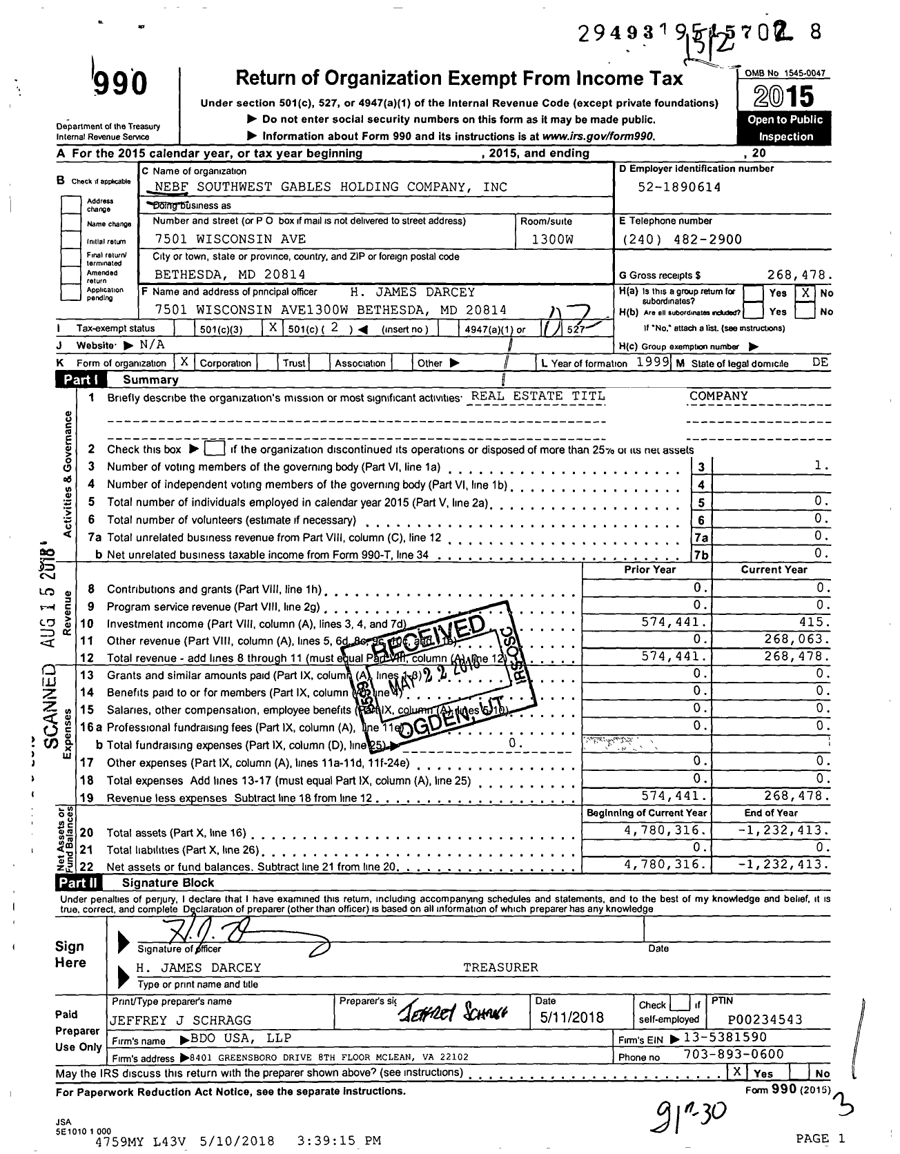 Image of first page of 2015 Form 990O for NEBF Southwest Gables Holding Company
