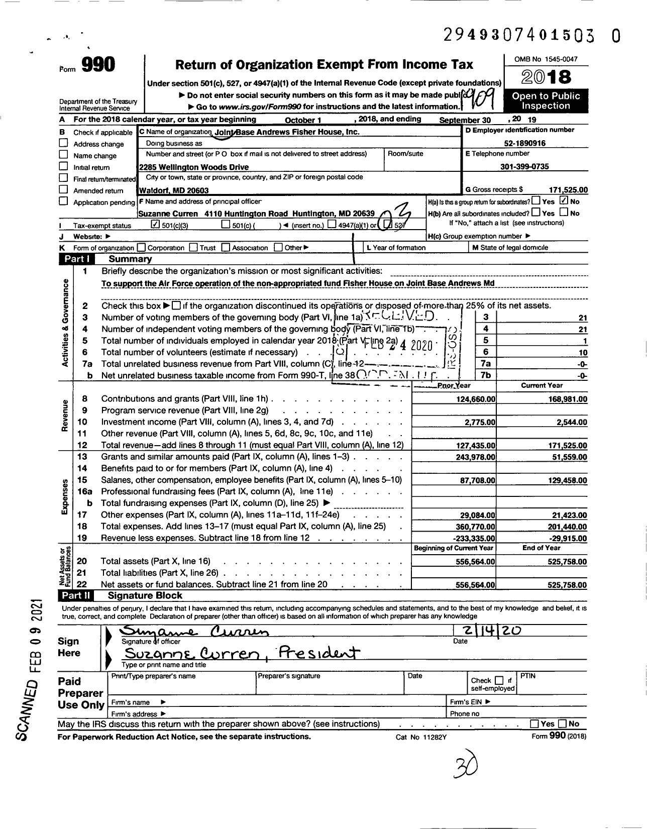 Image of first page of 2018 Form 990 for Andrews Air Force Base Fisher House