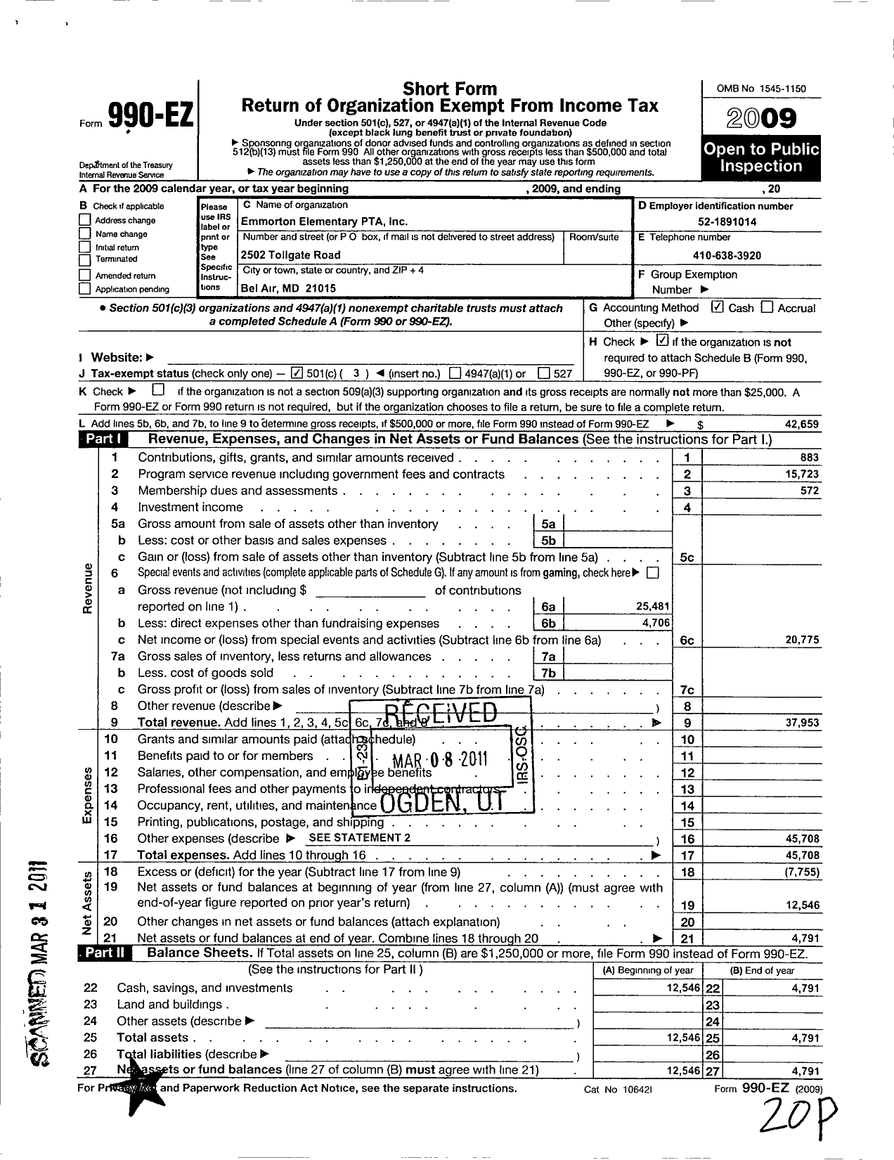 Image of first page of 2009 Form 990EZ for PTA Delaware Congress / Emmorton Elementary School PTA