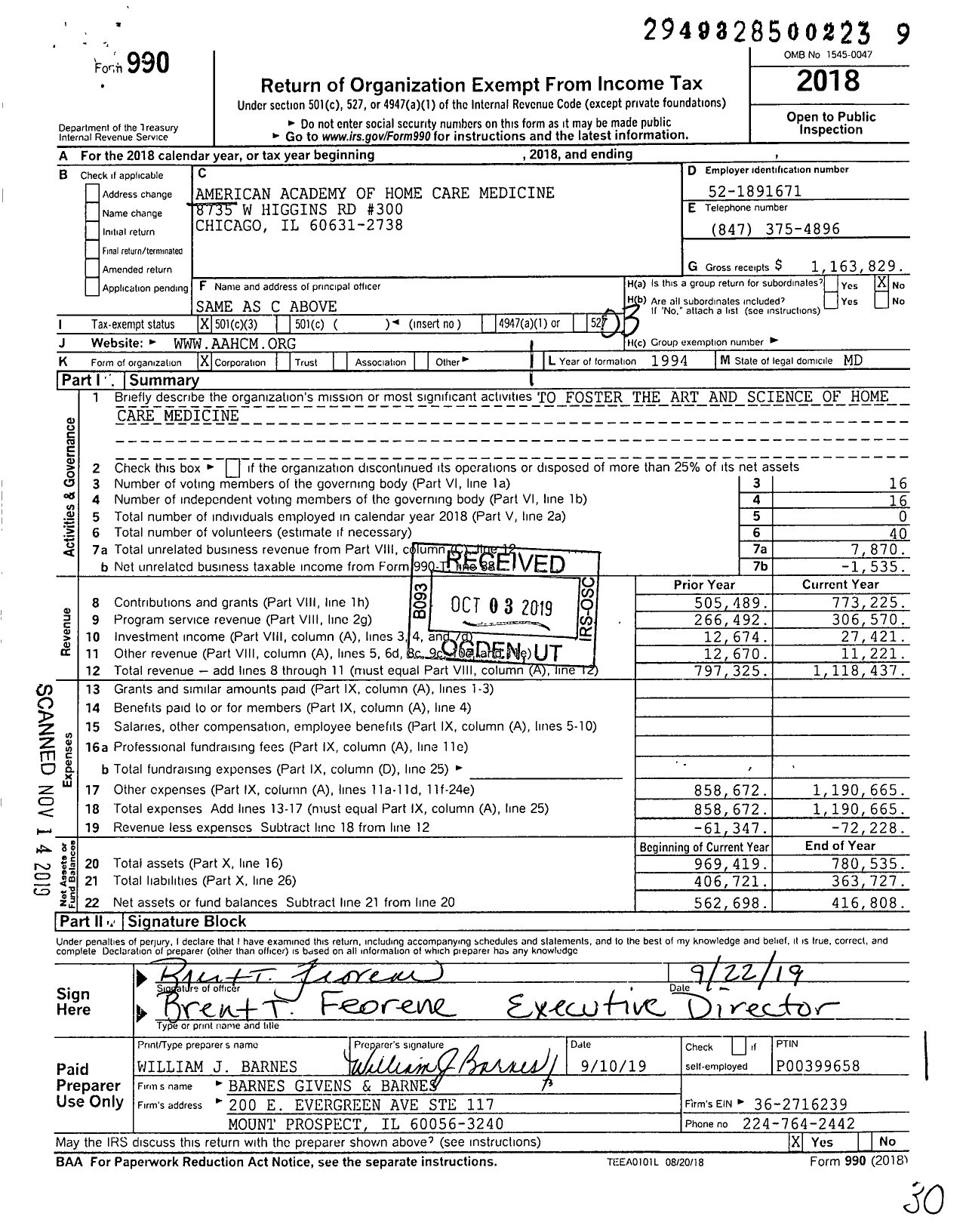 Image of first page of 2018 Form 990 for American Academy of Home Care Medicine