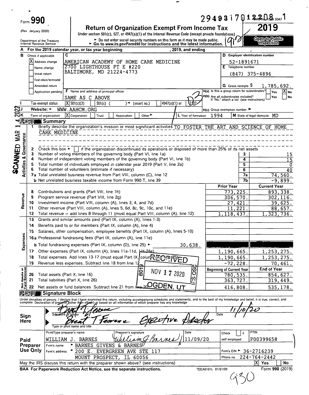 Image of first page of 2019 Form 990 for American Academy of Home Care Medicine