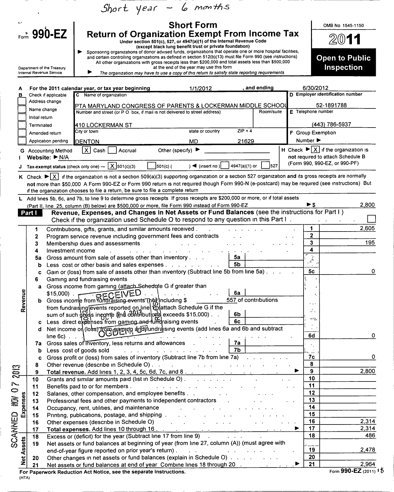 Image of first page of 2011 Form 990EZ for PTA Maryland Congress of Parents and Teachers / Lockerman Middle School Ptsa