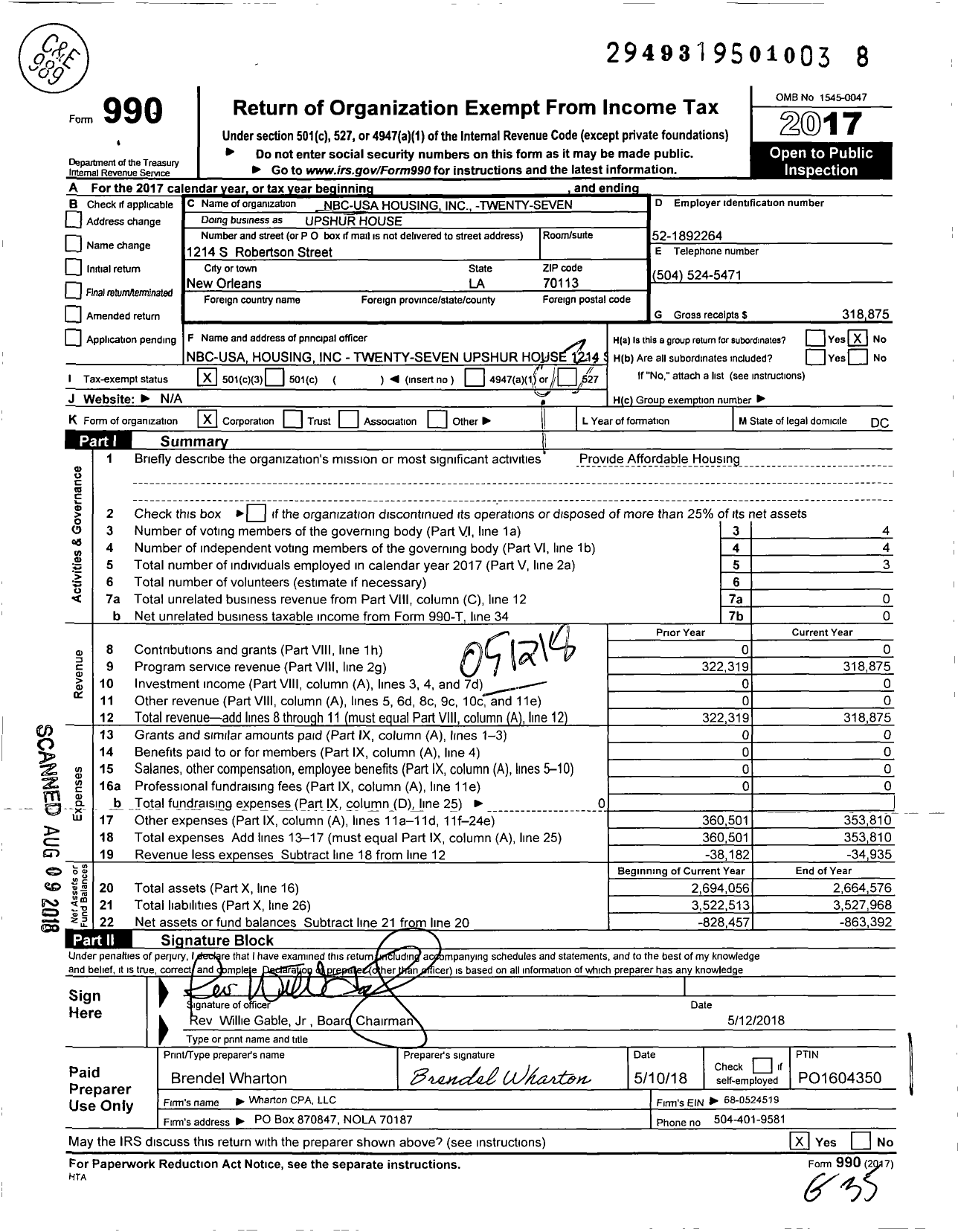 Image of first page of 2017 Form 990 for NBC USA Housing Twenty Seven Upshur House