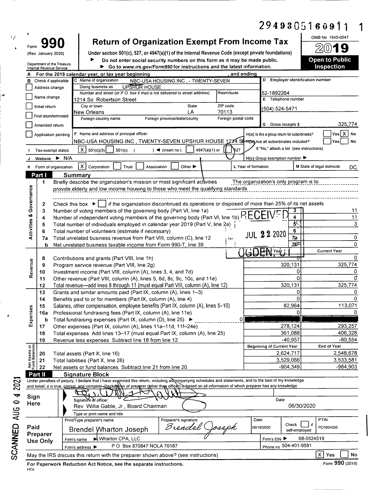 Image of first page of 2019 Form 990 for NBC USA Housing Twenty Seven Upshur House