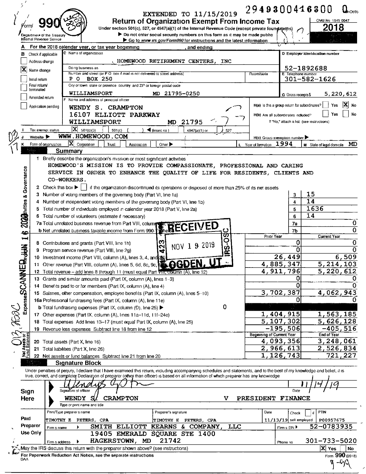 Image of first page of 2018 Form 990 for Homewood Retirement Centers