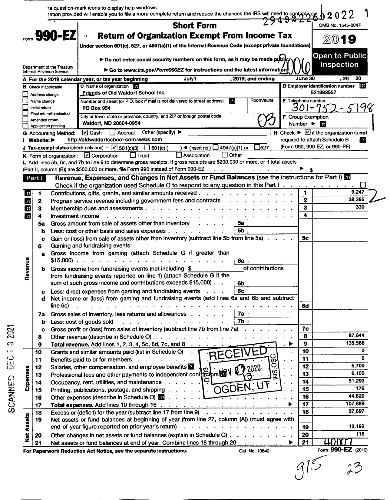 Image of first page of 2019 Form 990EZ for Friends of Old Waldorf School