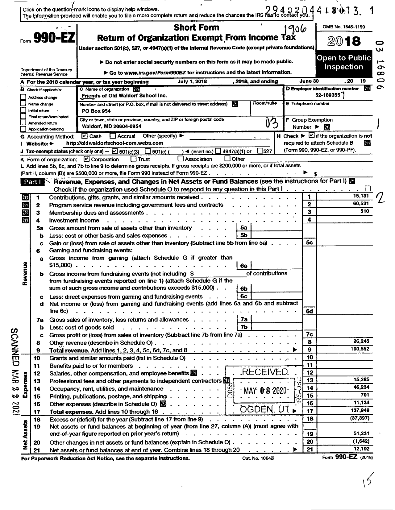 Image of first page of 2018 Form 990EZ for Friends of Old Waldorf School