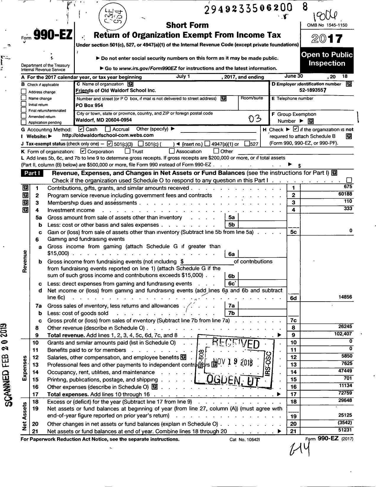 Image of first page of 2017 Form 990EZ for Friends of Old Waldorf School