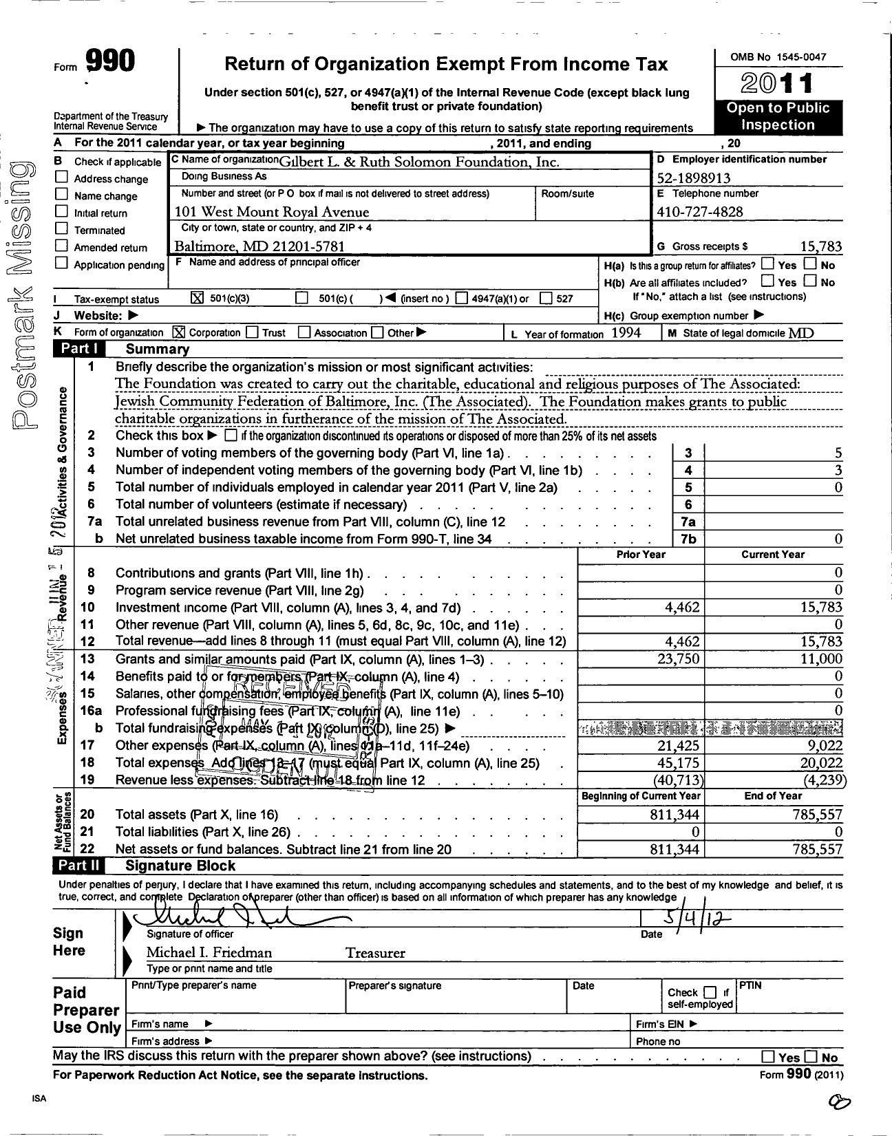 Image of first page of 2011 Form 990 for Gilbert L and Ruth Solomon Foundation