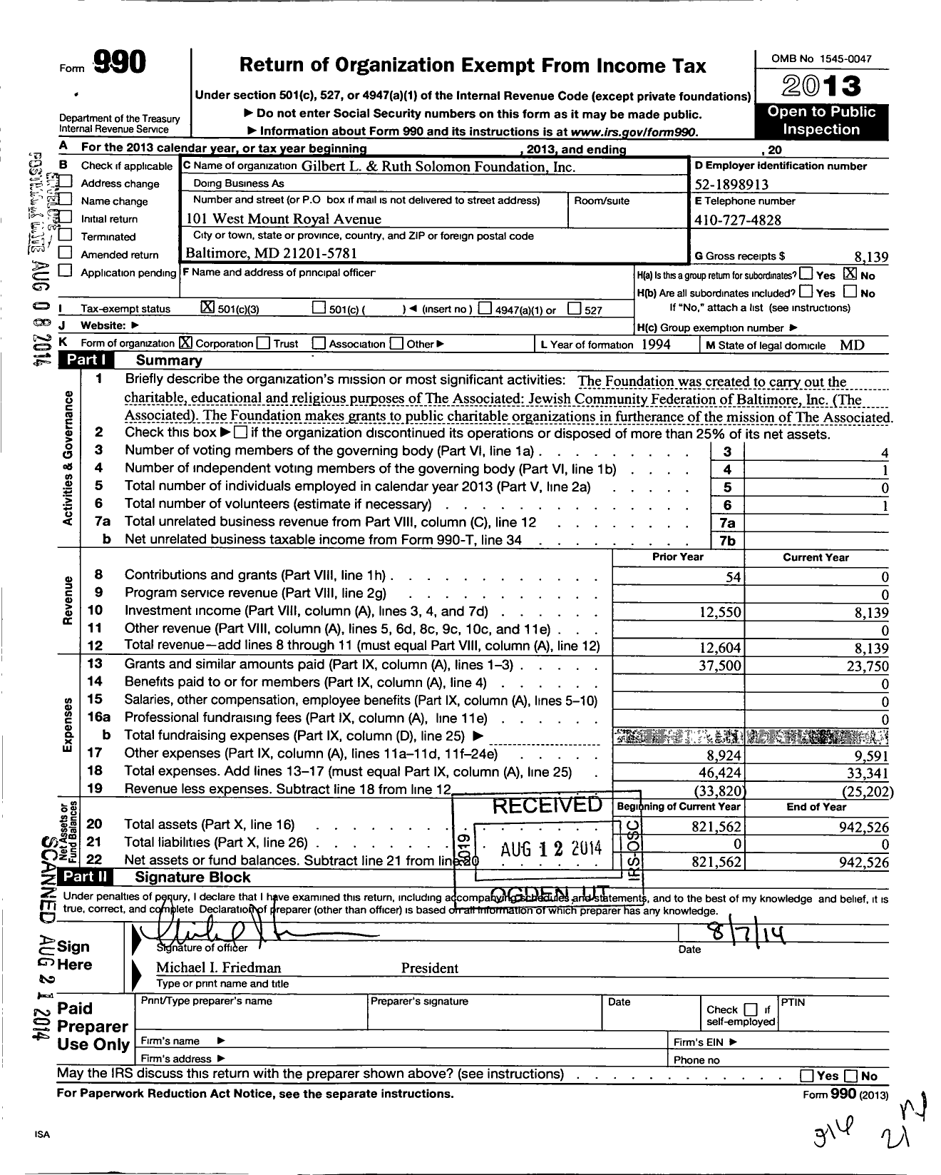 Image of first page of 2013 Form 990 for Gilbert L and Ruth Solomon Foundation