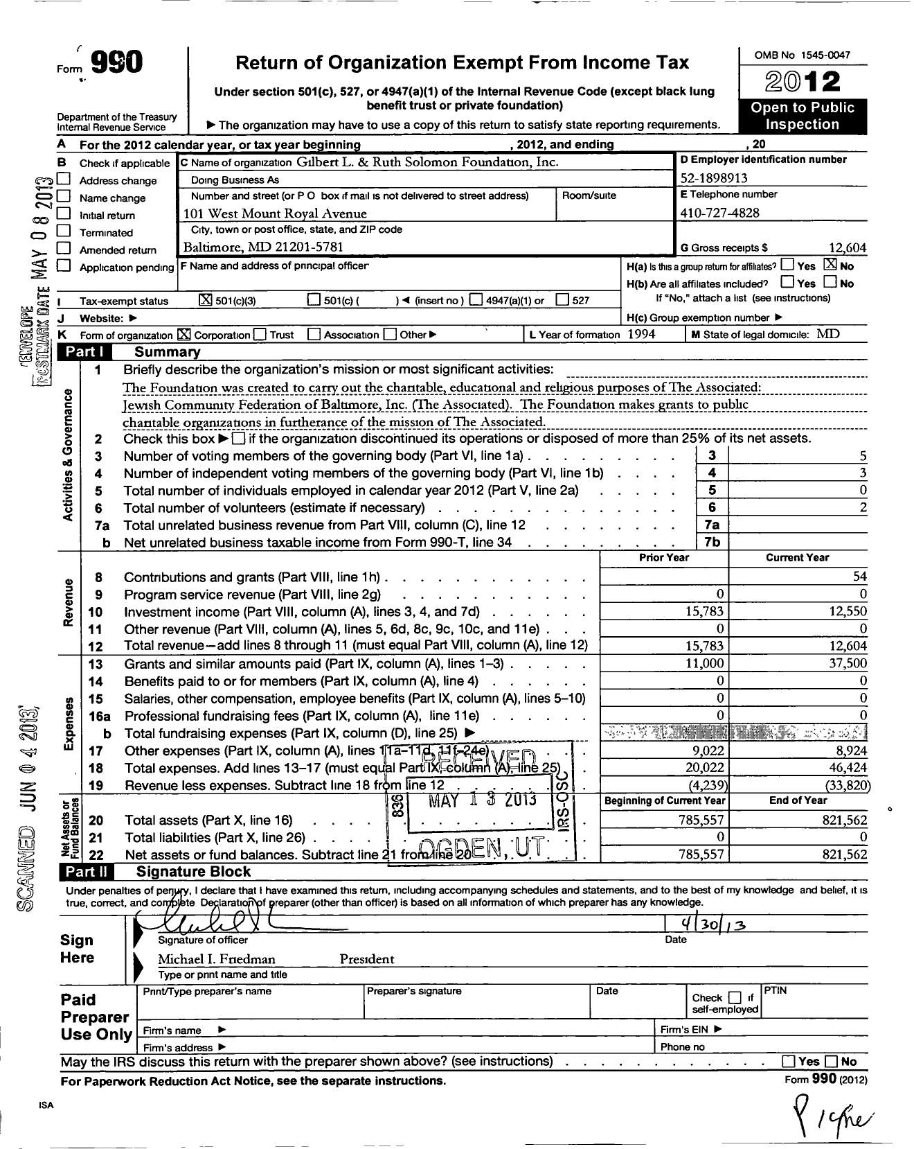 Image of first page of 2012 Form 990 for Gilbert L and Ruth Solomon Foundation