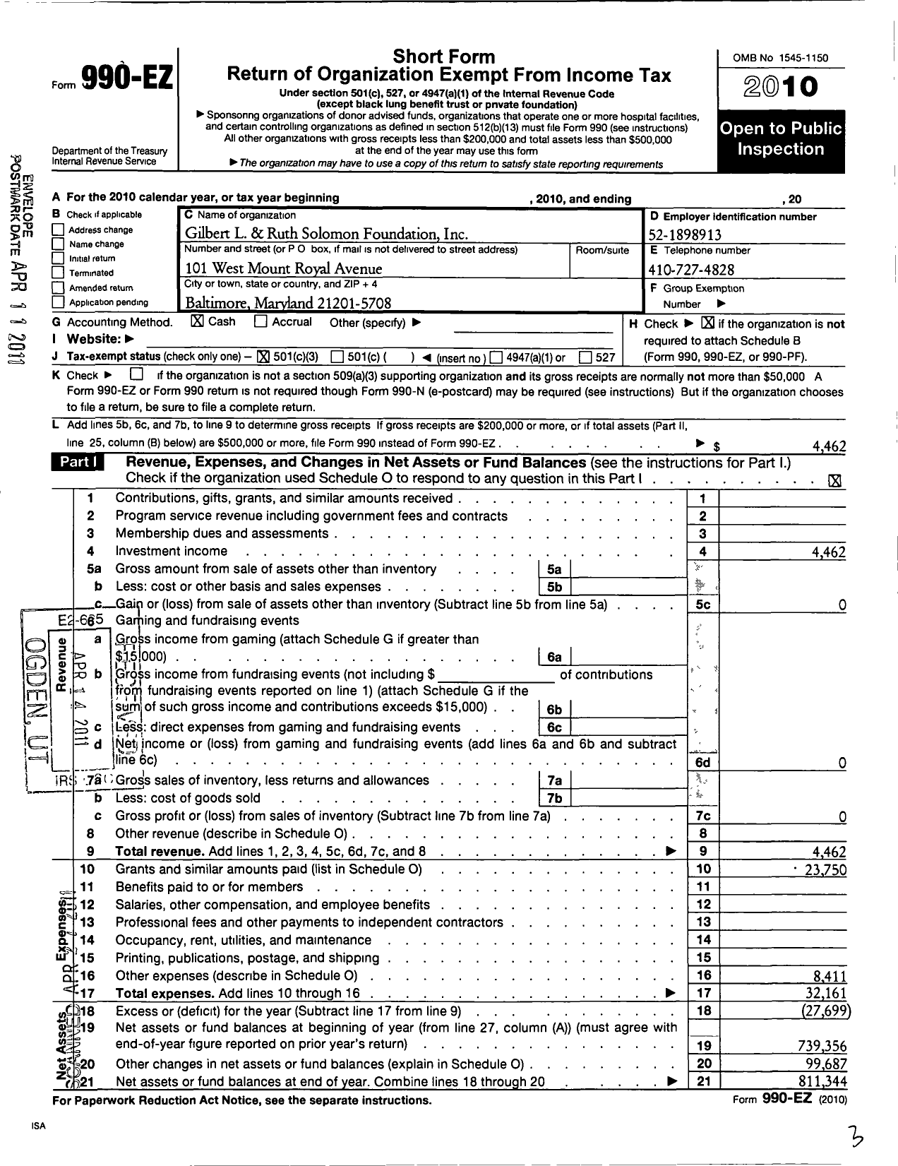 Image of first page of 2010 Form 990EZ for Gilbert L and Ruth Solomon Foundation