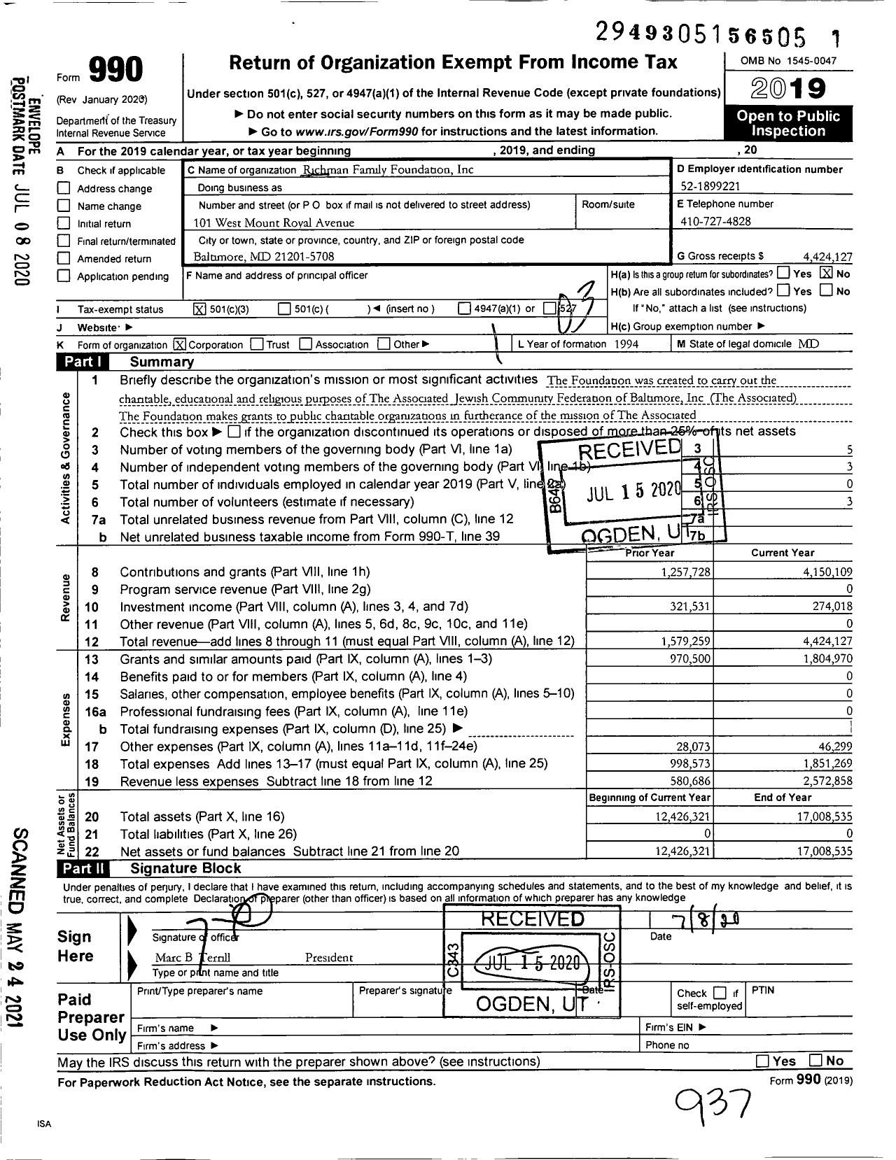 Image of first page of 2019 Form 990 for Richman Family Foundation