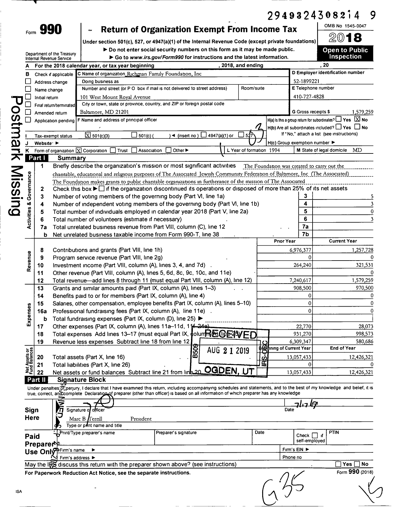 Image of first page of 2018 Form 990 for Richman Family Foundation