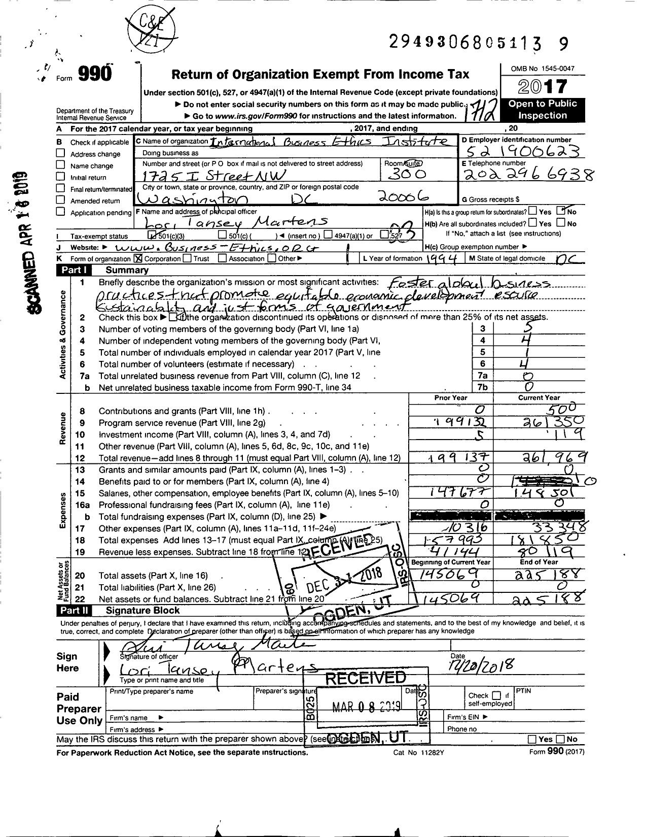 Image of first page of 2017 Form 990 for The International Business Ethics Institute