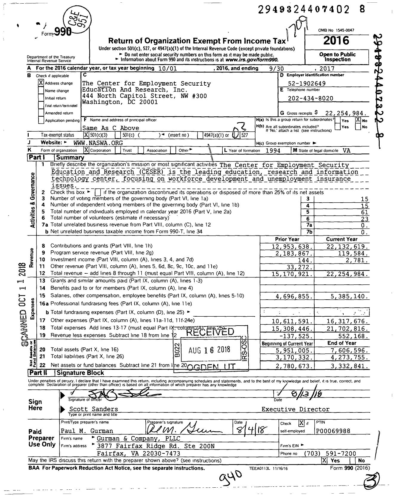 Image of first page of 2016 Form 990 for The Center for Employment Security Education And Research