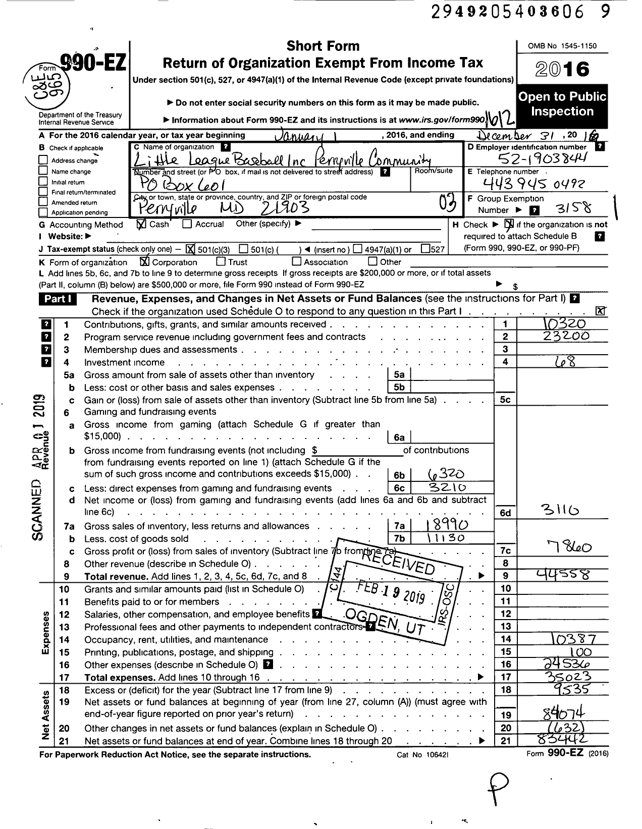 Image of first page of 2016 Form 990EZ for Little League Baseball - 2200512 Perryville Community LL