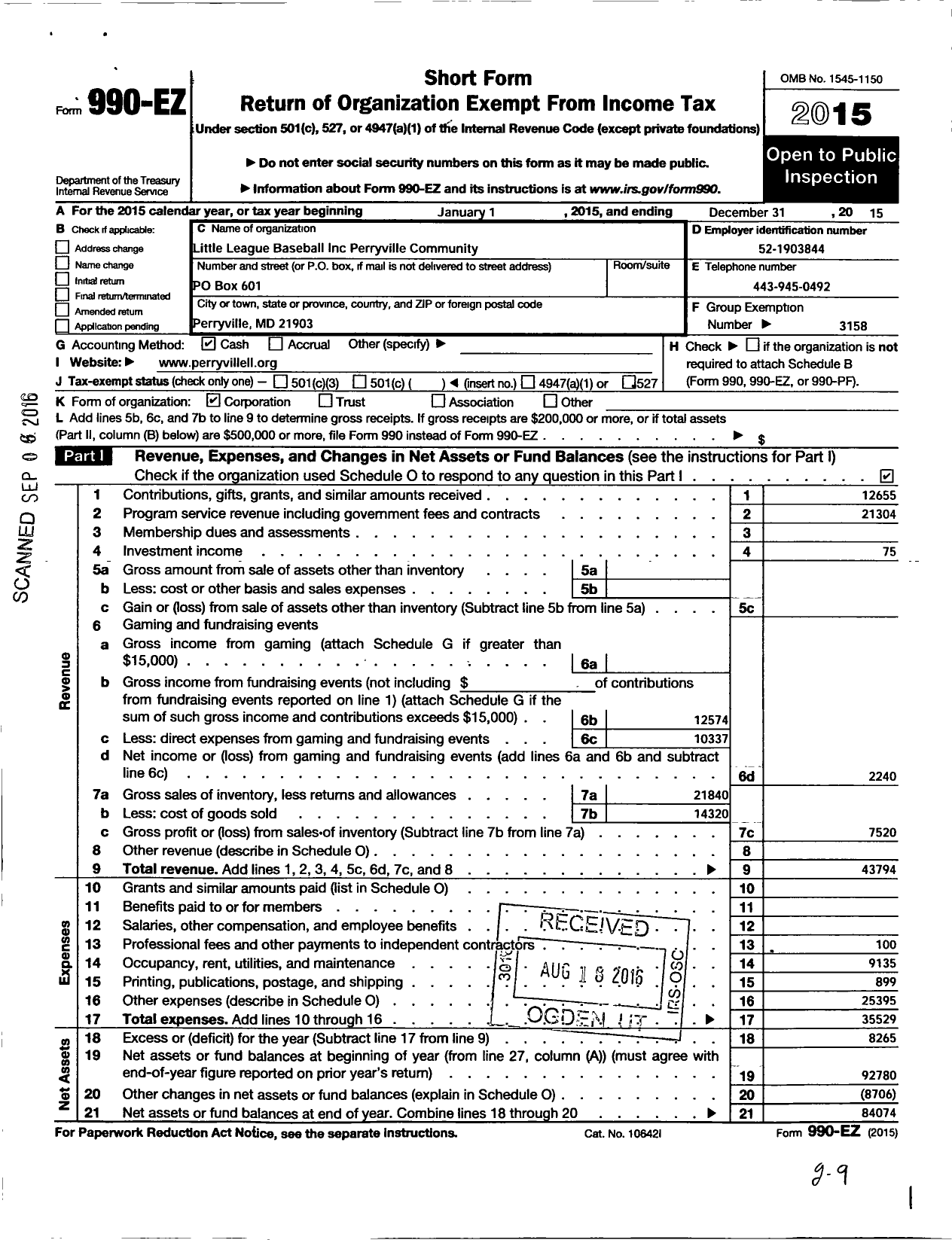 Image of first page of 2015 Form 990EO for Little League Baseball - 2200512 Perryville Community LL