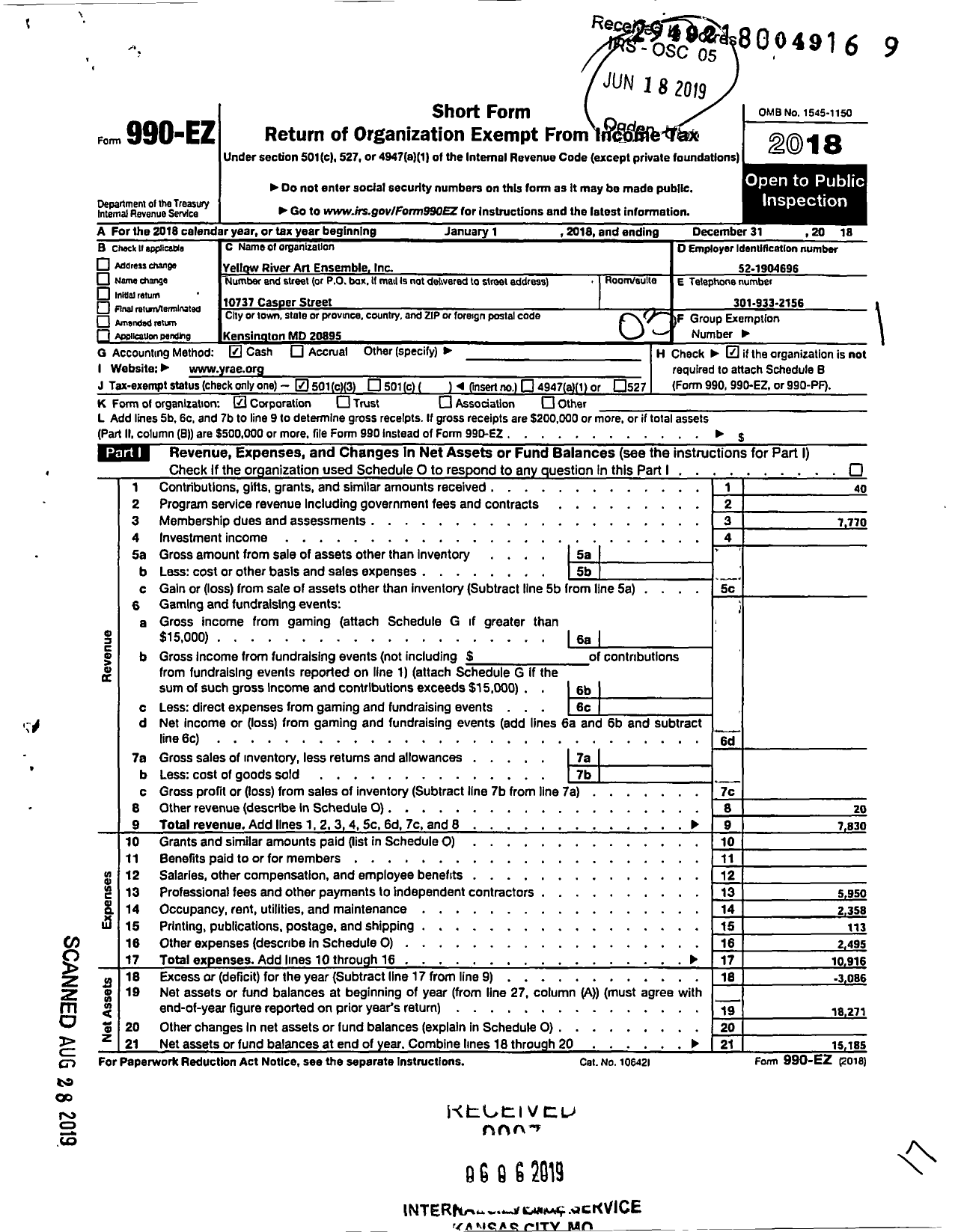 Image of first page of 2018 Form 990EZ for Yellow River Art Ensemble