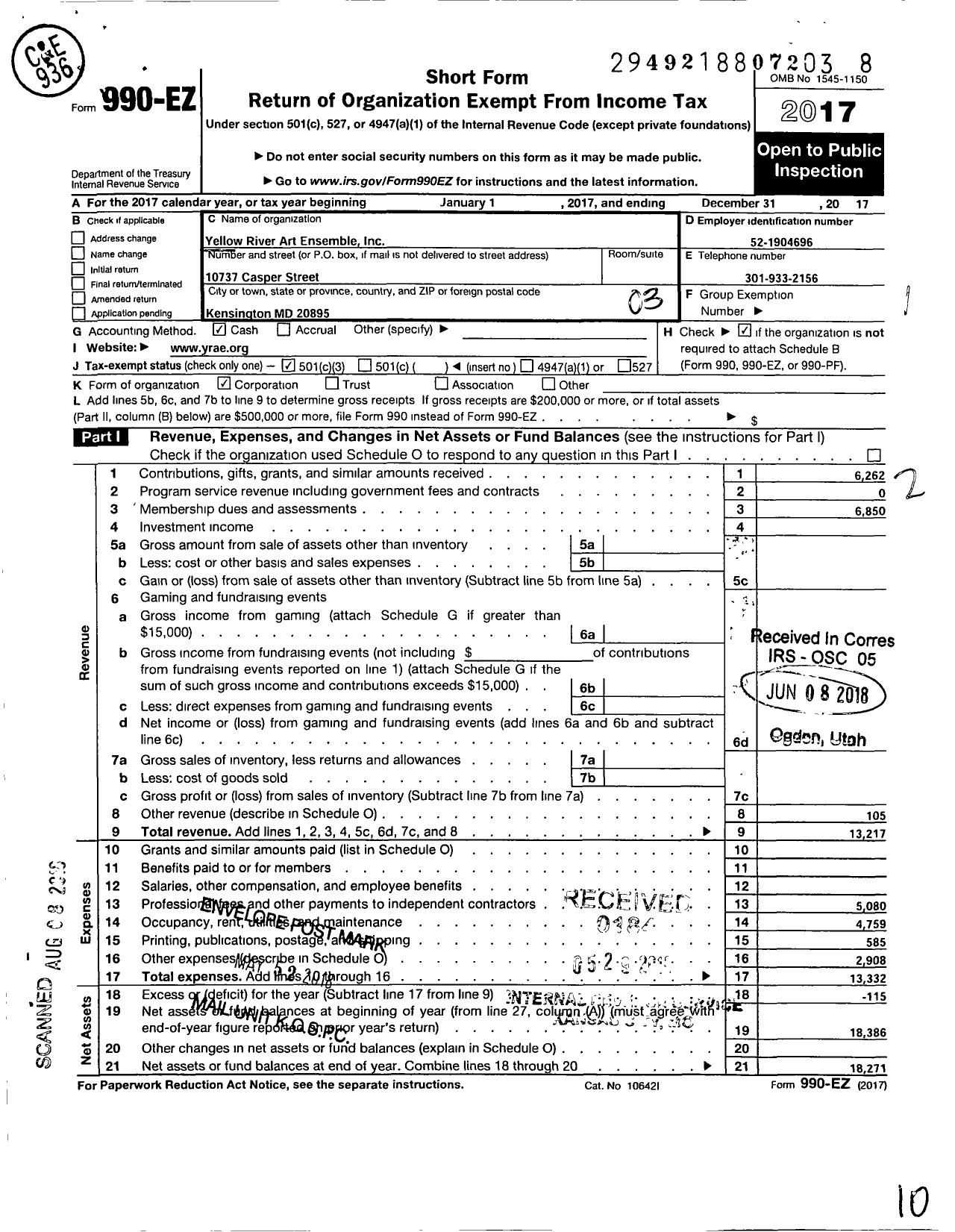 Image of first page of 2017 Form 990EZ for Yellow River Art Ensemble