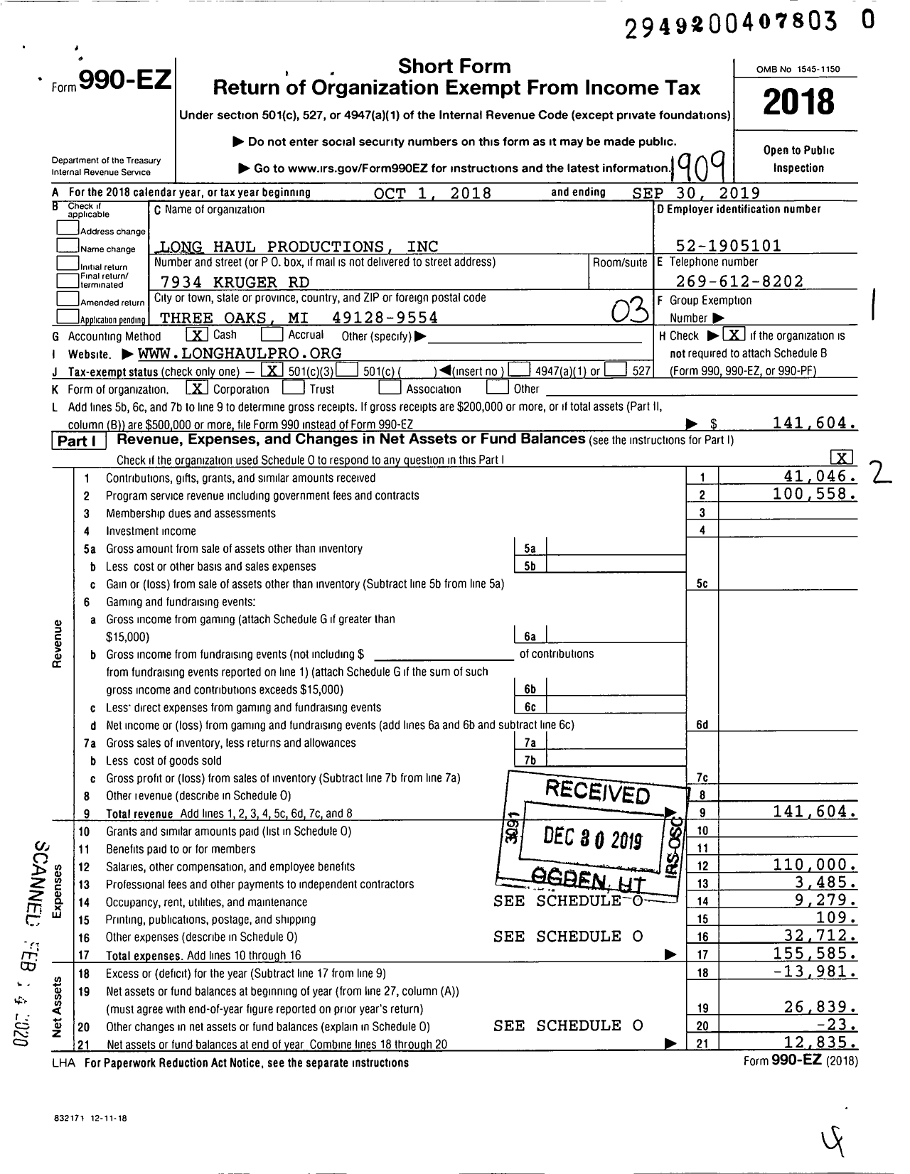 Image of first page of 2018 Form 990EZ for Long Haul Productions