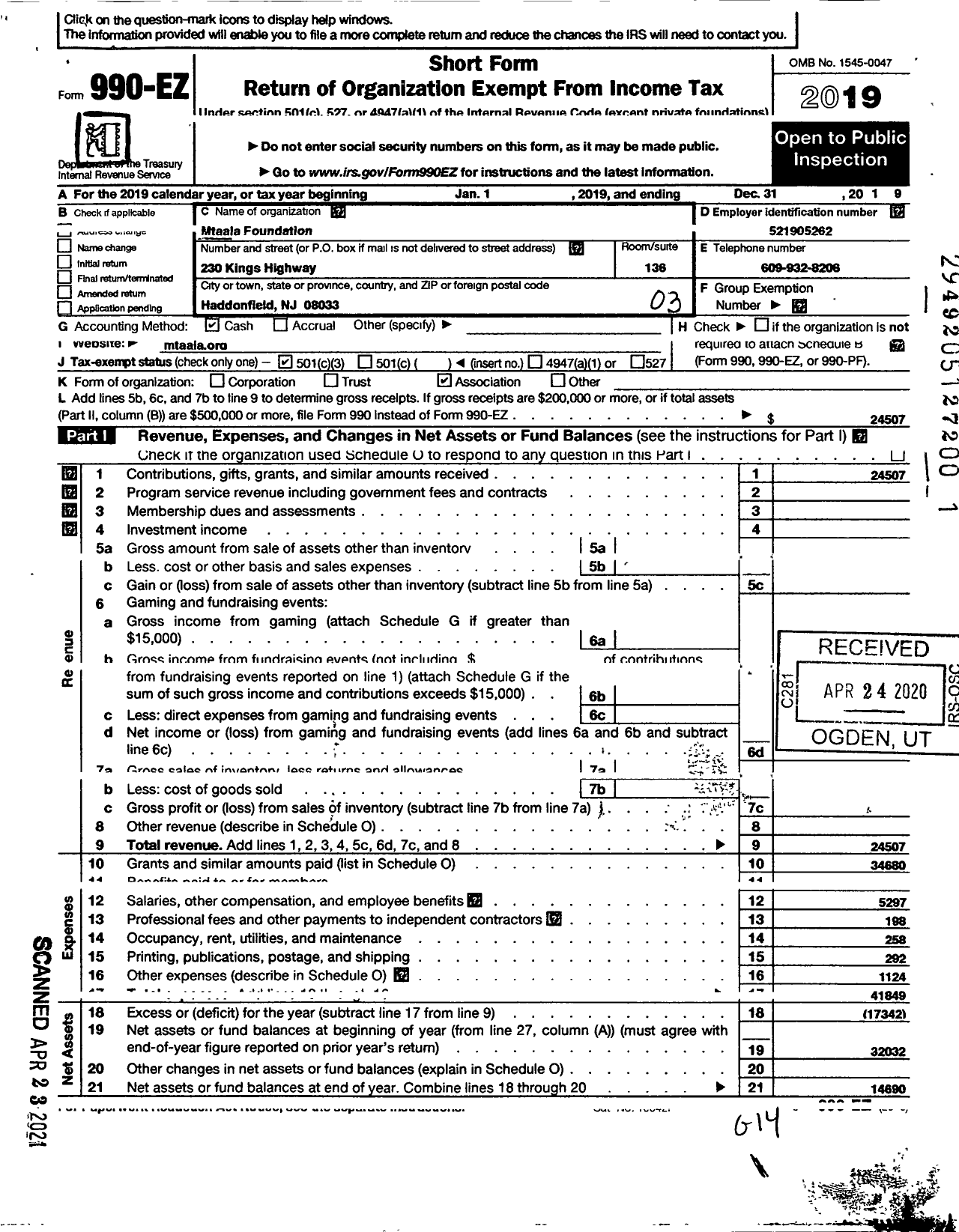 Image of first page of 2019 Form 990EZ for Mtaala Foundation