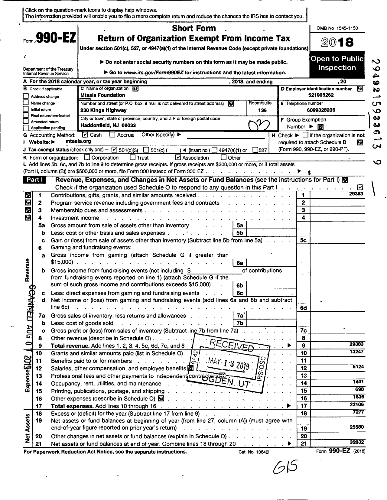 Image of first page of 2018 Form 990EZ for Mtaala Foundation