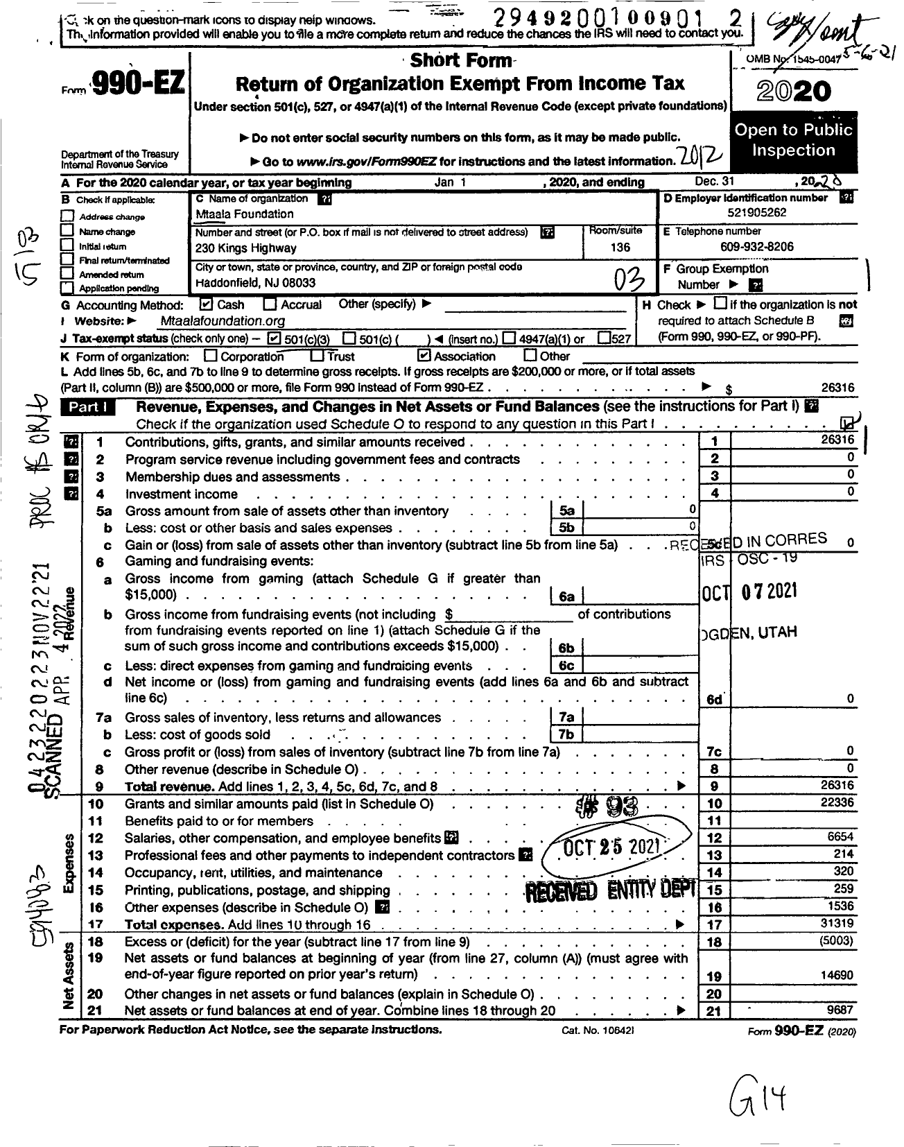 Image of first page of 2020 Form 990EZ for Mtaala Foundation