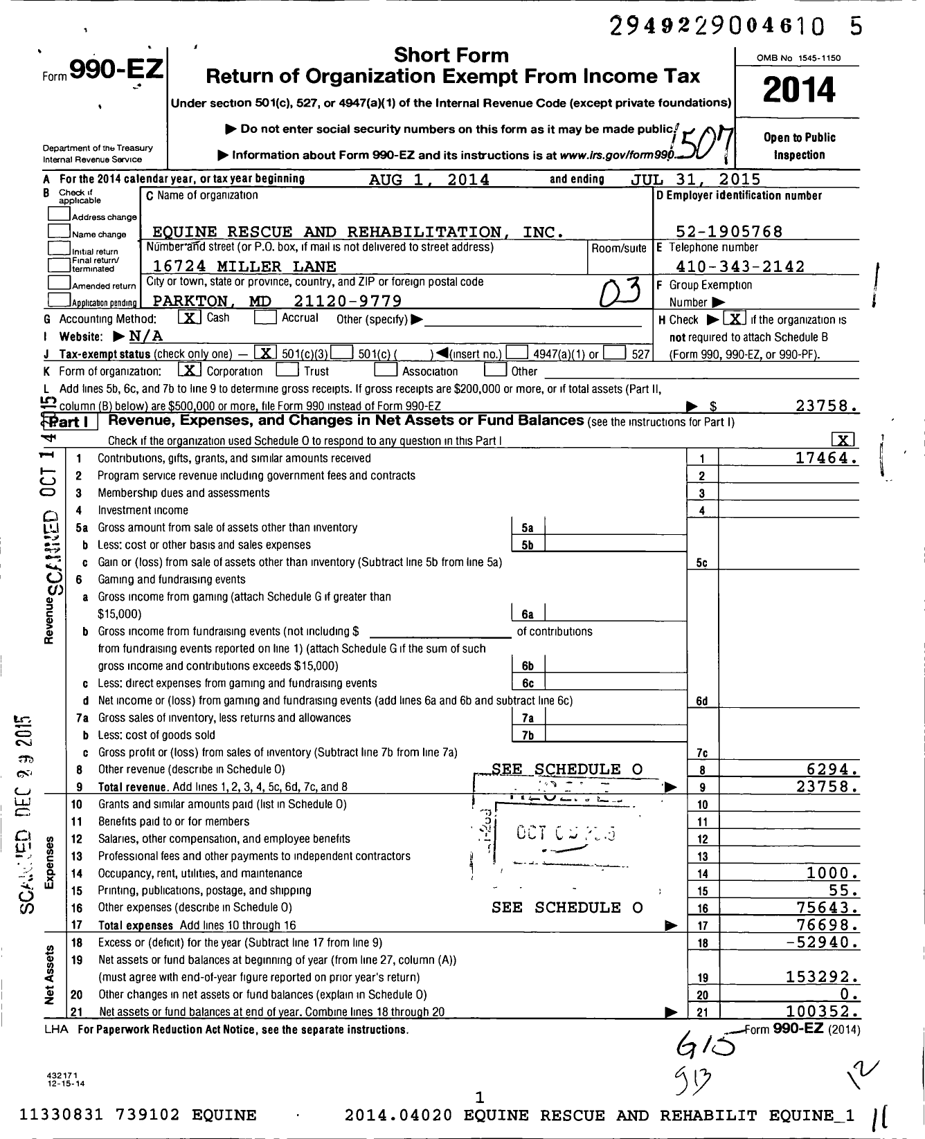 Image of first page of 2014 Form 990EZ for Equine Rescue and Rehabilitation