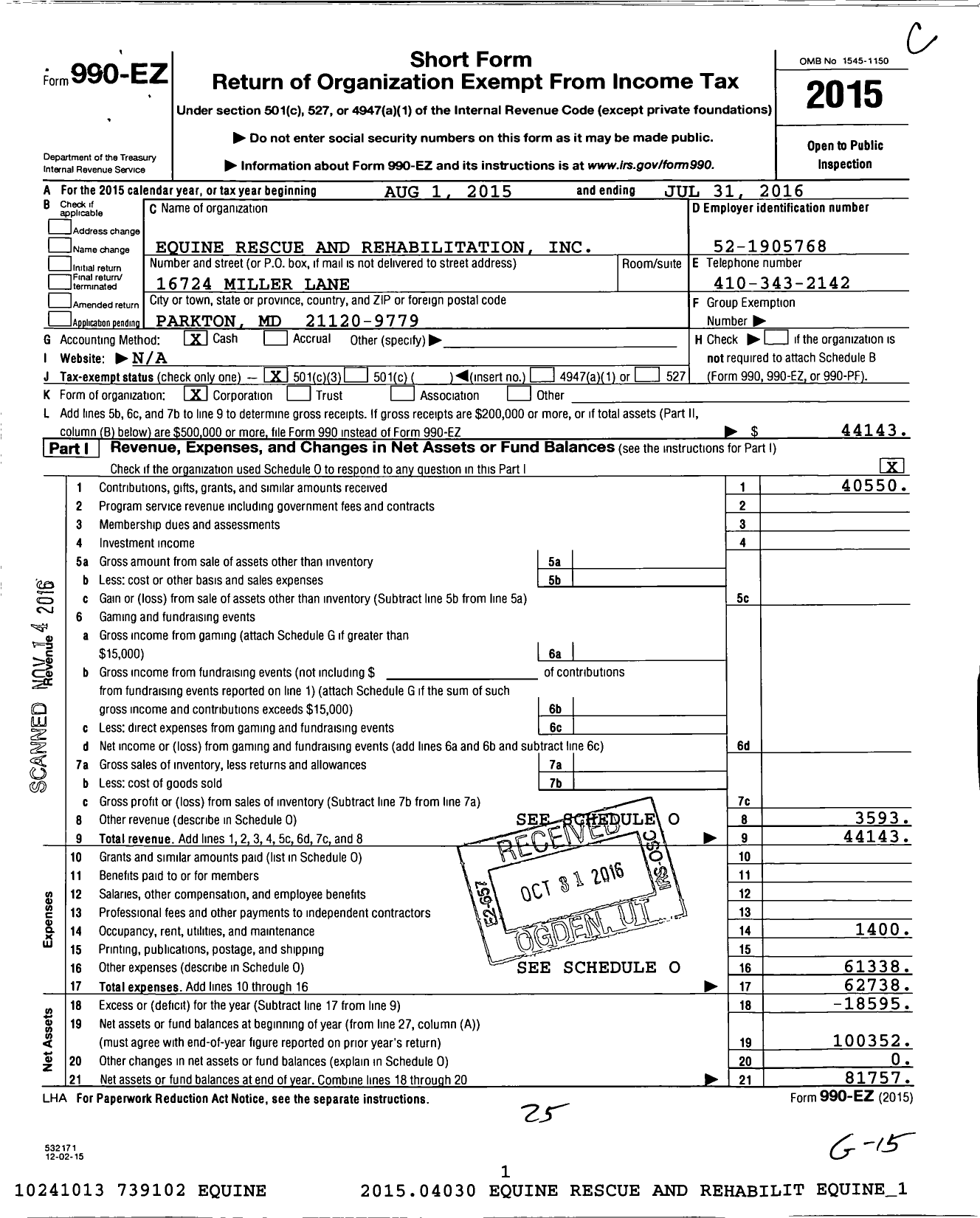 Image of first page of 2015 Form 990EZ for Equine Rescue and Rehabilitation