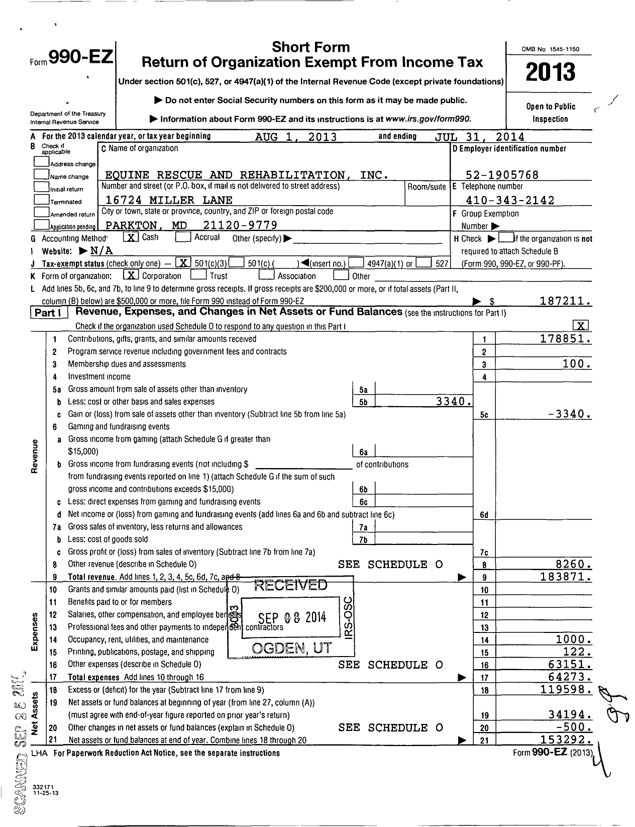 Image of first page of 2013 Form 990EZ for Equine Rescue and Rehabilitation