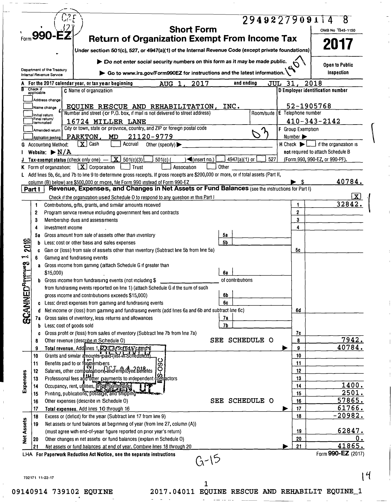 Image of first page of 2017 Form 990EZ for Equine Rescue and Rehabilitation