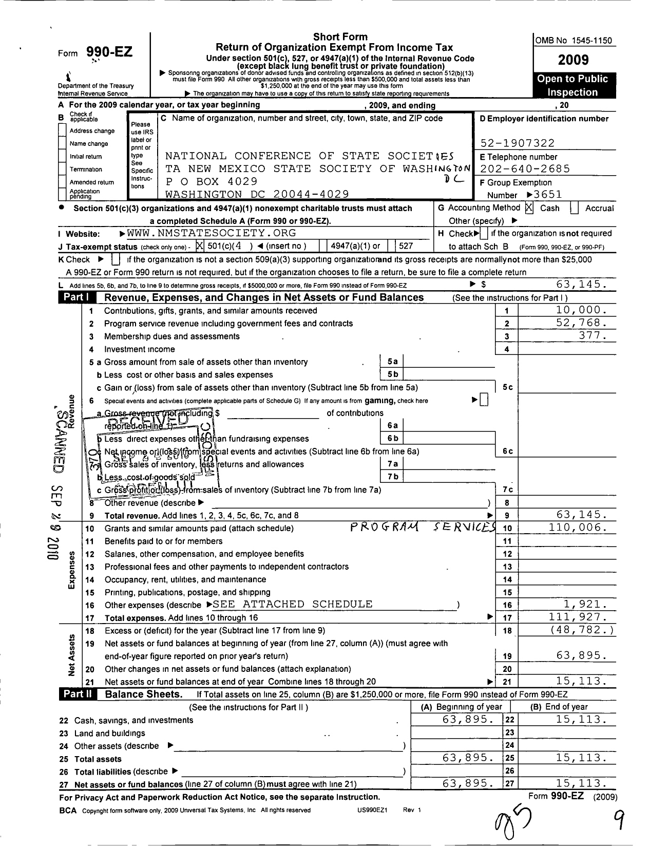 Image of first page of 2009 Form 990EO for National Conference of State Societies Washington District of C / New Mexico State Society