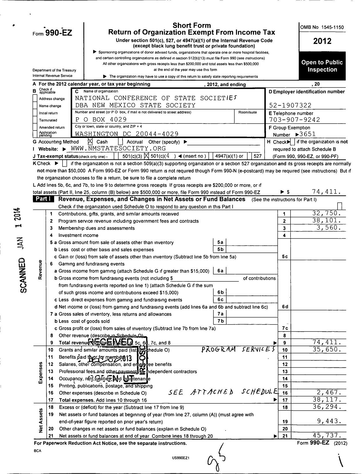 Image of first page of 2012 Form 990O for National Conference of State Societies Washington District of C / New Mexico State Society