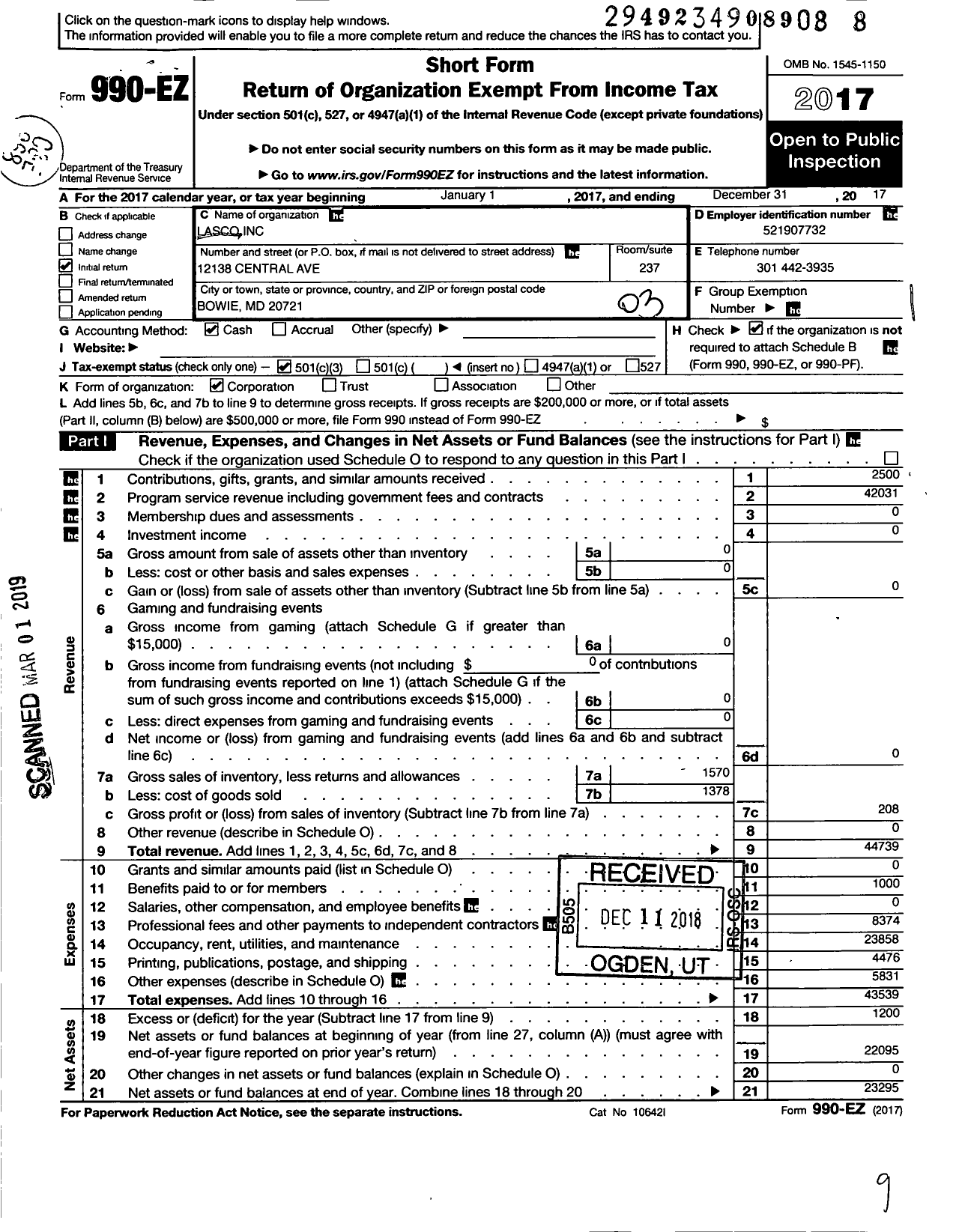 Image of first page of 2017 Form 990EZ for Lasco