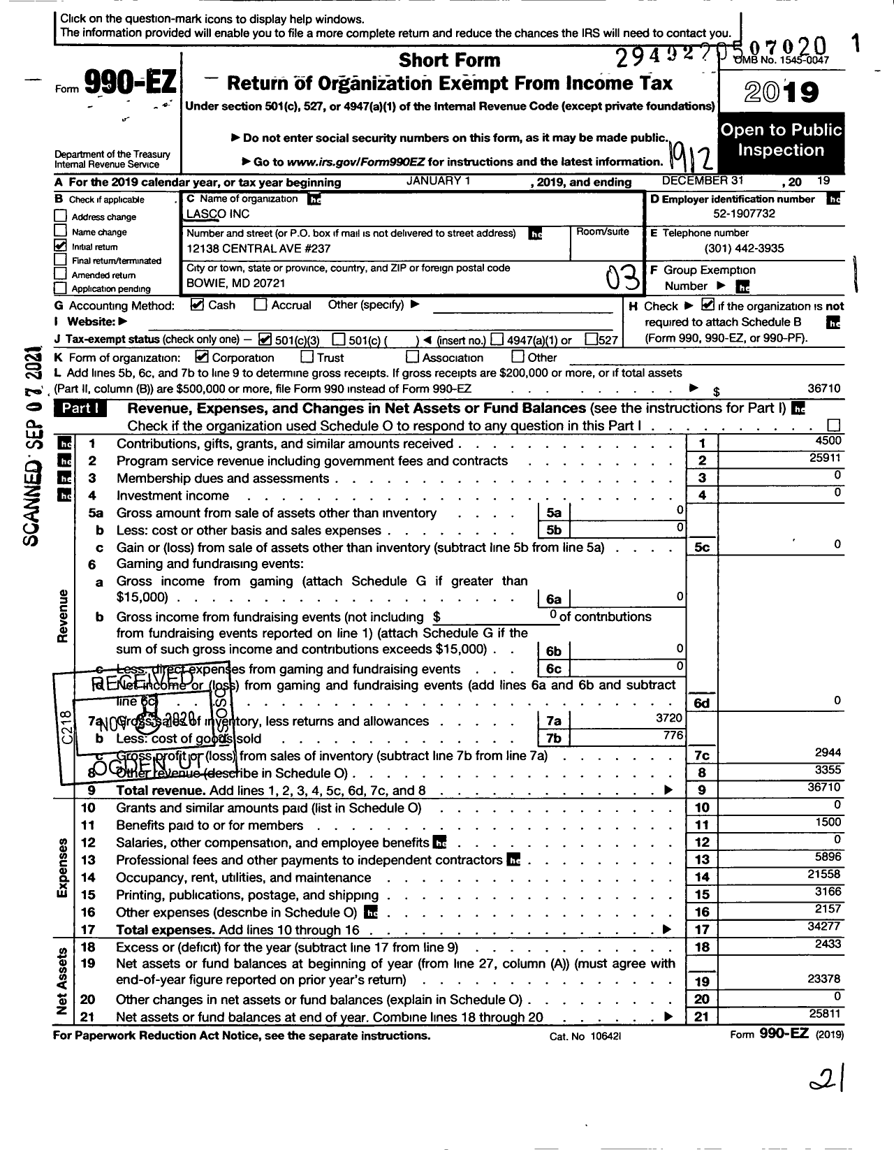 Image of first page of 2019 Form 990EZ for Lasco