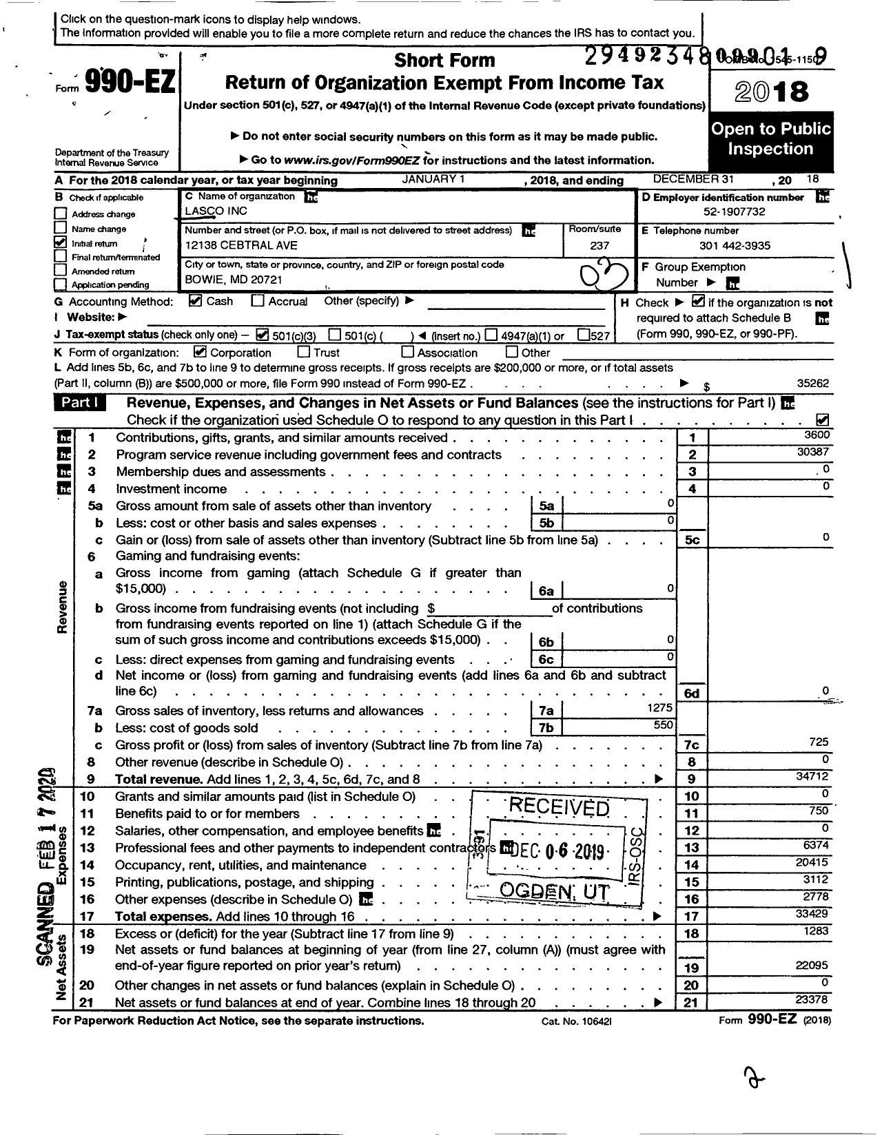 Image of first page of 2018 Form 990EZ for Lasco